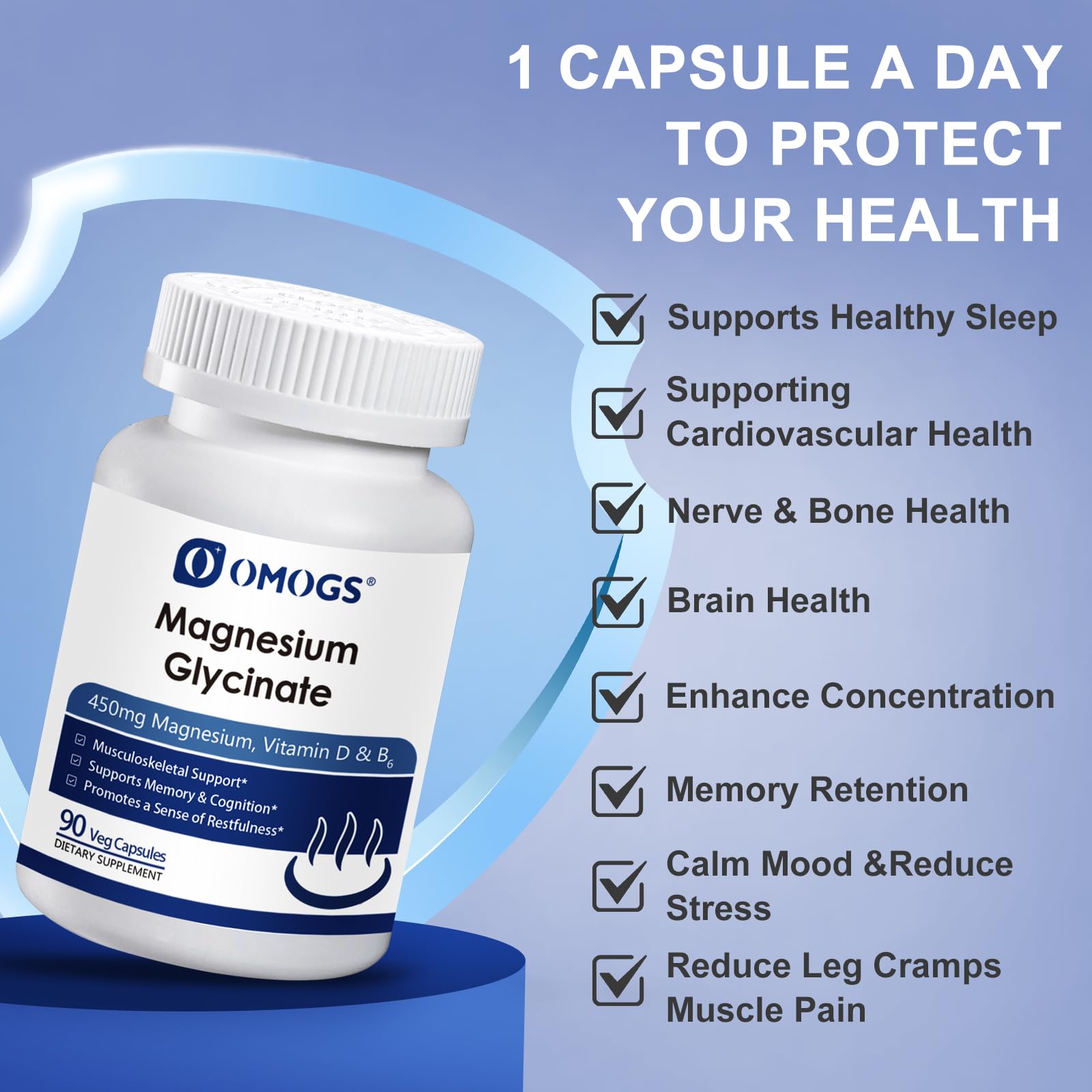 OMOGS High Absorption Magnesium Glycinate, for Supporting Sleep, Muscle Relaxation, Heart Health & Bone Health, Gluten Free, Non-GMO, 90 Vegetarian Capsules OMOGS uk supplements