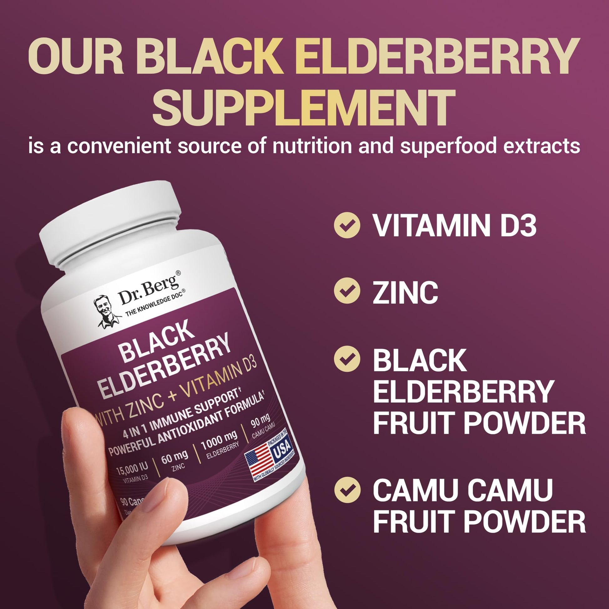 Dr. Berg Black Elderberry Capsules (Advanced Immune Support*) with 15,000 IU Vitamin D, 60 mg of Zinc, & 90 mg of Camu Camu - (4-in-1) Sambucus Elderberry Immune Support Supplement - 90 Capsules Dr. Berg Nutritionals uk supplements