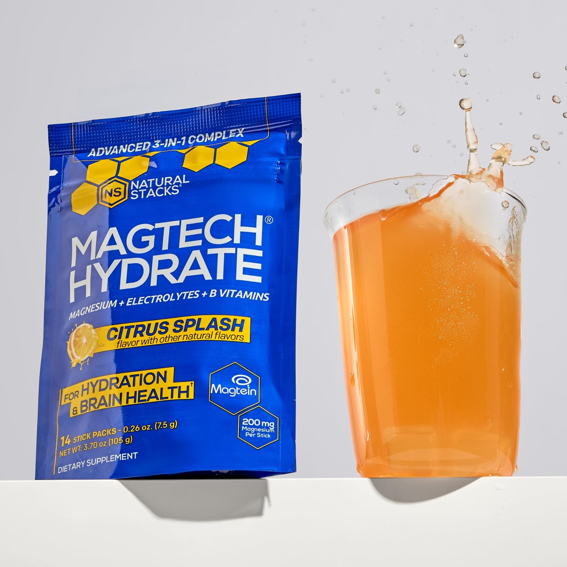 MagTech Magnesium Hydrate Packets - Sugar Free Hydration Powder - Magtein Magnesium L-Threonate, Glycinate & Taurate - 200mg Chelated Triple Complex - Supports Hydration & Brain Health* - 14 Servings NATURAL STACKS uk supplements