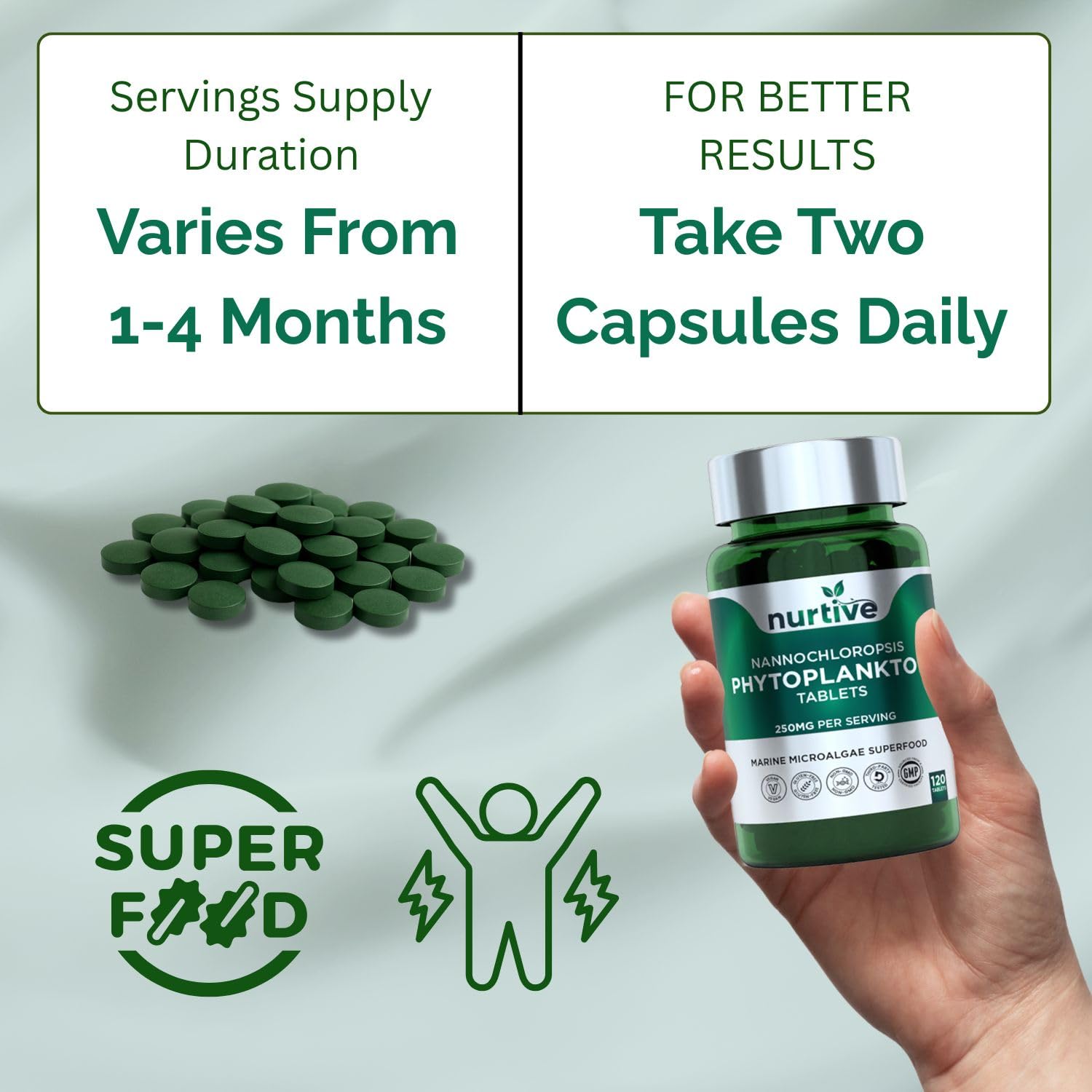 NURTIVE Nannochloropsis Phytoplankton Tablets – 250mg per Serving – Vegan, Gluten-Free, Non-GMO, No Fillers – Third-Party Tested, GMP Certified – 2 Tablets/Day for 2 Month, 120 Tablets/Bottle NURTIVE uk supplements