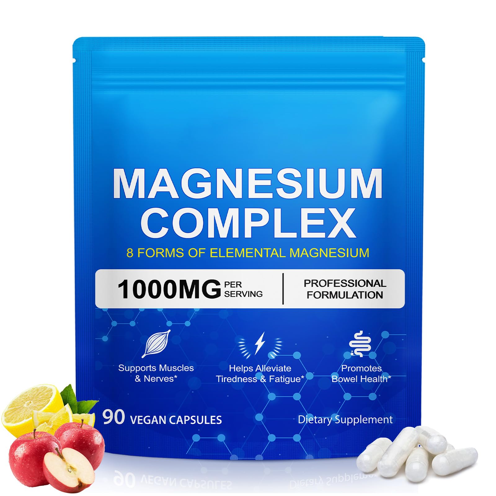 Magnesium Complex 8-in-1 High Potency with 8 Essential Forms, Vegan Capsules for Muscle, Nerve & Bowel Support, Relief Fatigue & Improve Sleep (90 Capsules) KITNOBLIS uk supplements
