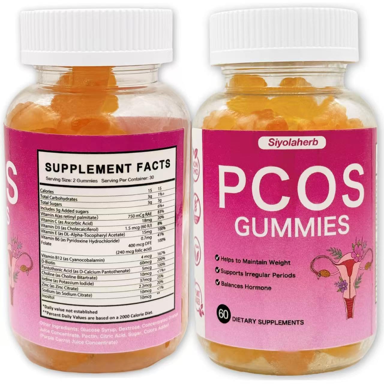 PCOS Vitamins Gummies for Women Hormone Balance & PCOS Relief & Fertility Support, 60 Ovarian Support Vitamins with Inositol for Healthy Menstrual Cycle, Inositol Gummies for Hirsutism and Acne Siyolaherb uk supplements