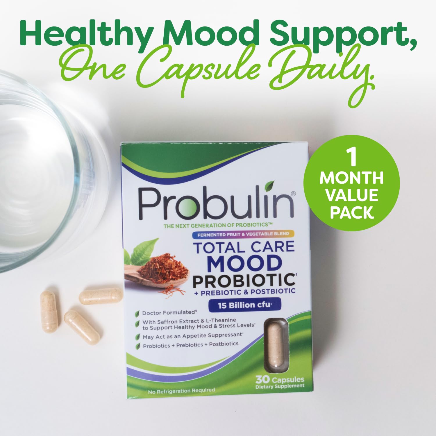 Probulin Mood Probiotics for Women with Saffron, L Theanine, Probiotic, Prebiotic, Postbiotic - Mood Support Supplement & Gut Support - Vegan, Non GMO, 30 Capsules Probulin uk supplements