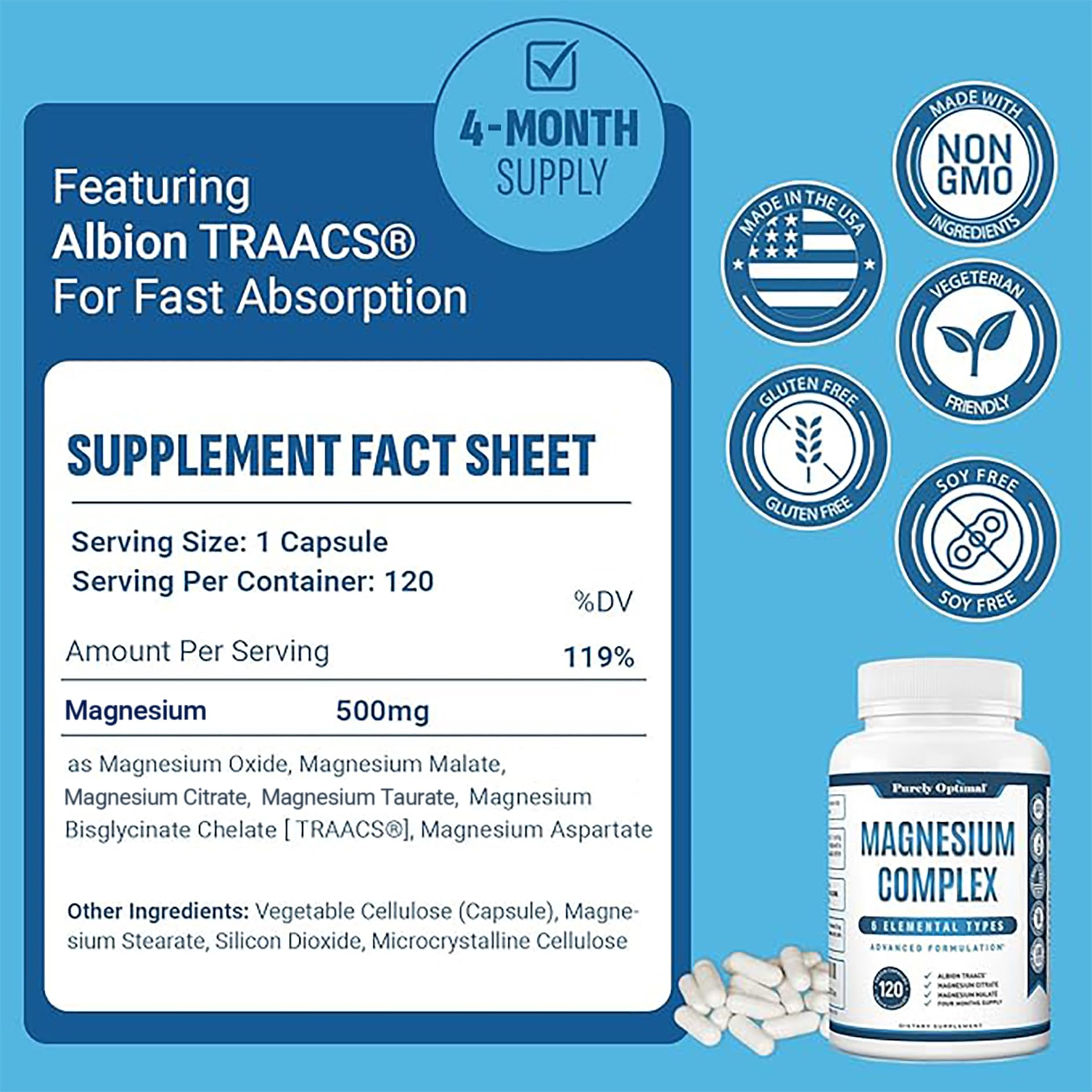 Purely Optimal Magnesium Complex - 6 Forms Magnesium Glycinate, Citrate & Malate - Sleep Support, Stress Relief, Muscles, Heart Health & Relaxation - Magnesium Supplement for Women & Men, 120 Caps Purely Optimal uk supplements