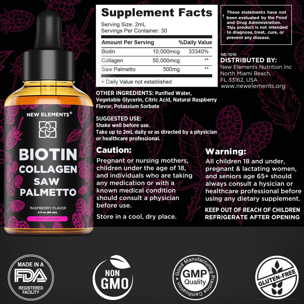 Liquid Biotin with Collagen & Saw Palmetto Extract for Women and Men | Hair Growth New Elements uk supplements