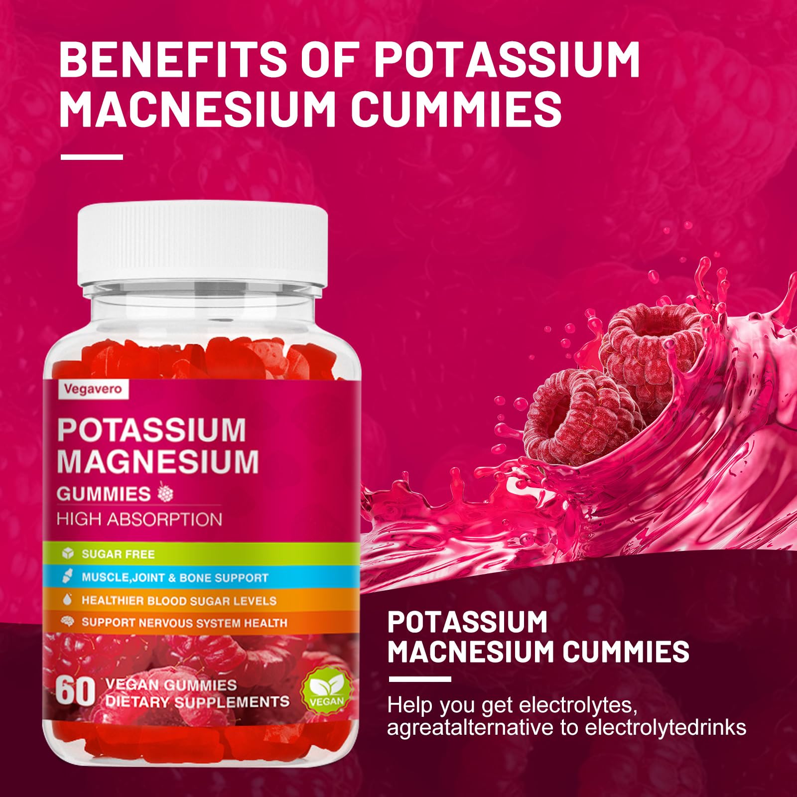 Potassium Magnesium Gummies - High Absorption Magnesium Glycinate & Potassium Citrate Plus Coenzyme Q10, DHA, D3, Mineral & Calcium for Zzz, Leg Cramps & Muscle - 60 Raspberry Gummies Vegavero uk supplements