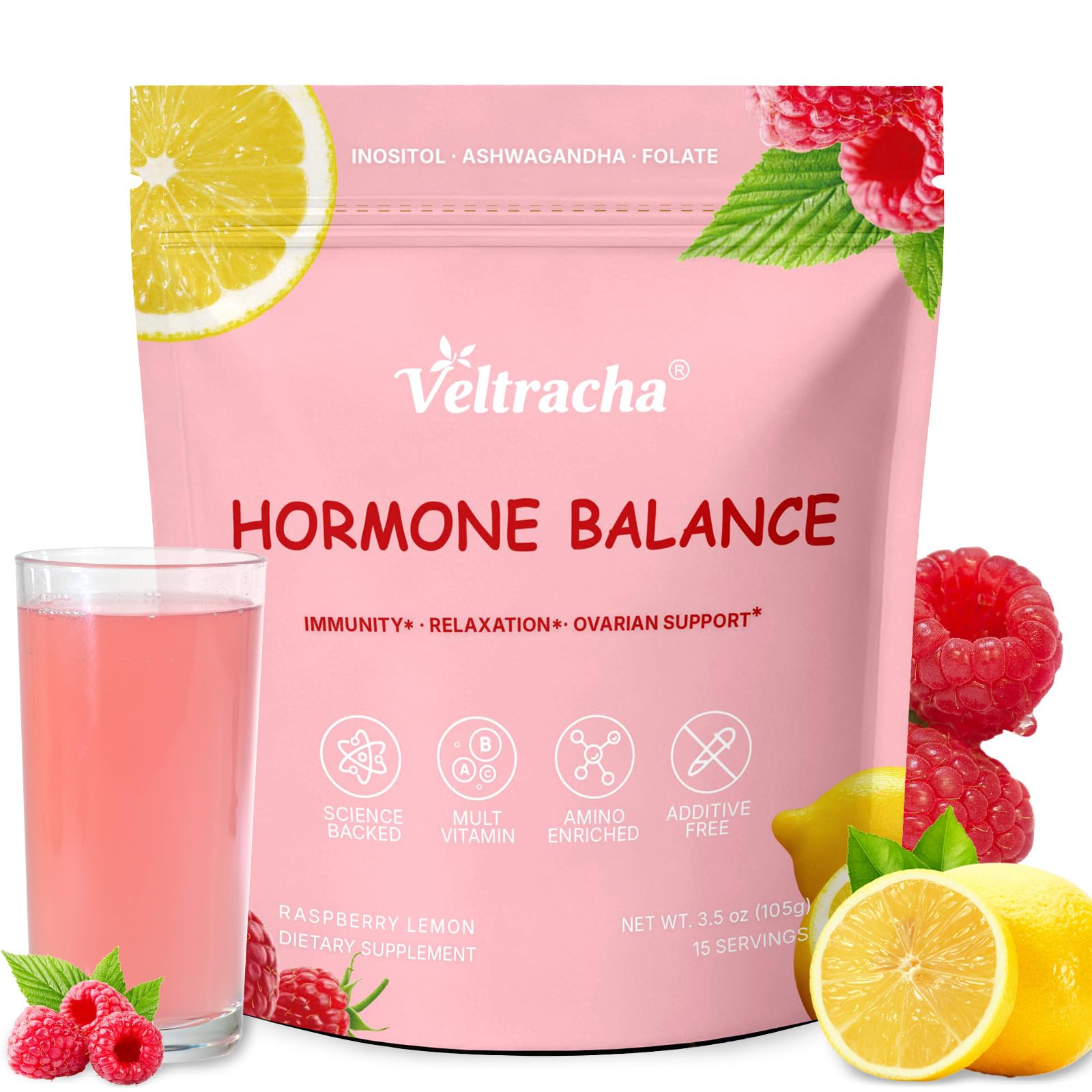 Veltracha Hormone Balance for Women, Myo & D-Chiro Inositol Powder with Folate & Amino Acid & Ashwagandha - Ovarian Support, Mood Regulation & PMS Relief, Raspberry Lemon, 15 Servings Veltracha uk supplements