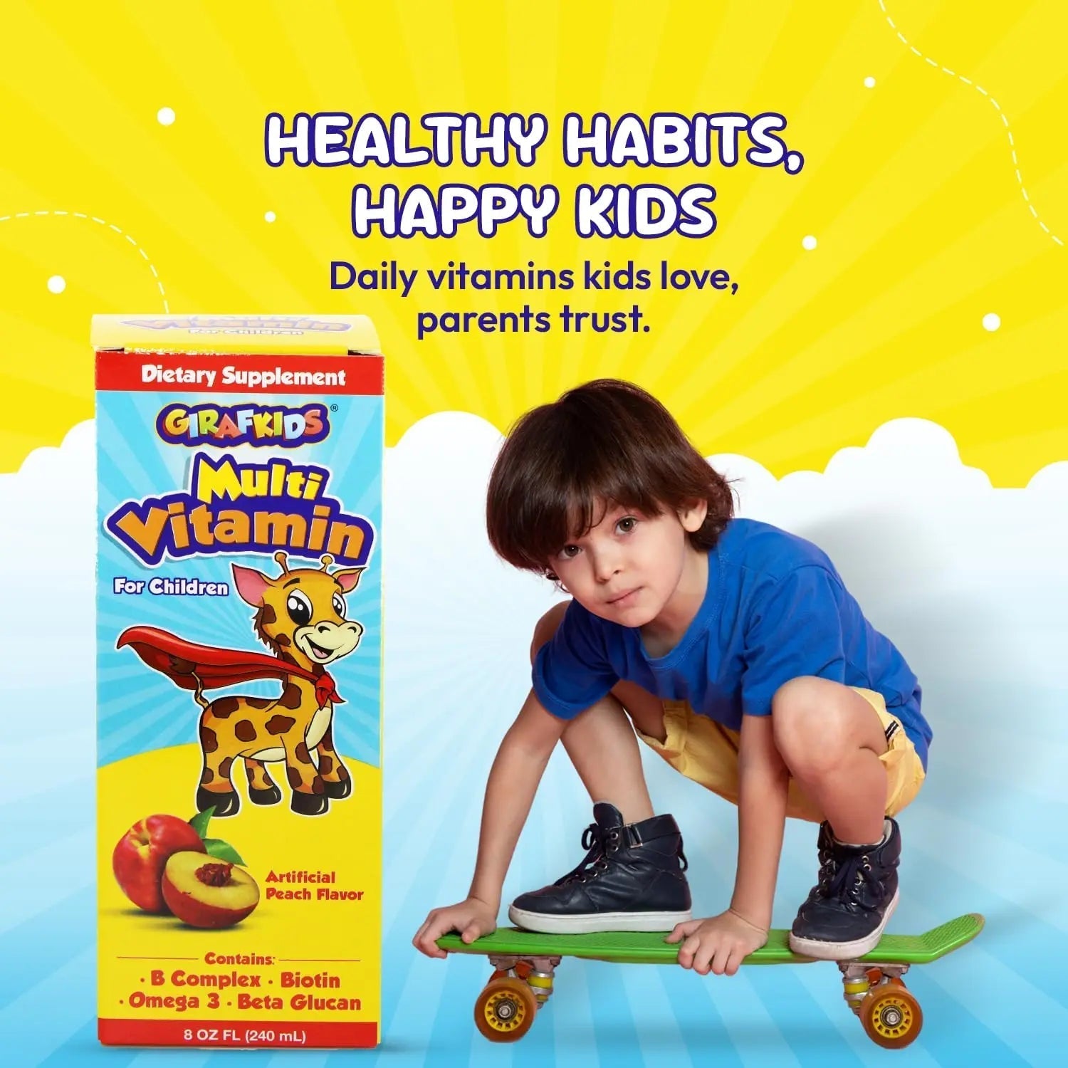 GirafKids Liquid Multivitamin for Kids Ages 4+, 8oz - Daily Child Vitamins with Biotin, Vitamin A, B Complex, Folic Acid, Omega-3 & Beta Glucan PHARMADEL uk supplements