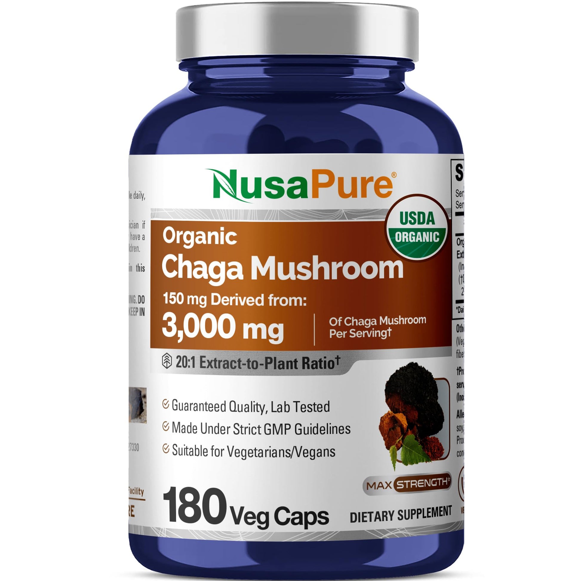 NusaPure Chaga Mushroom 20:1 Extract, 150 mg Equivalent to 3,000mg per Veggie Capsule, 180 Count, USDA Organic, Vegan, Non-GMO NusaPure uk supplements