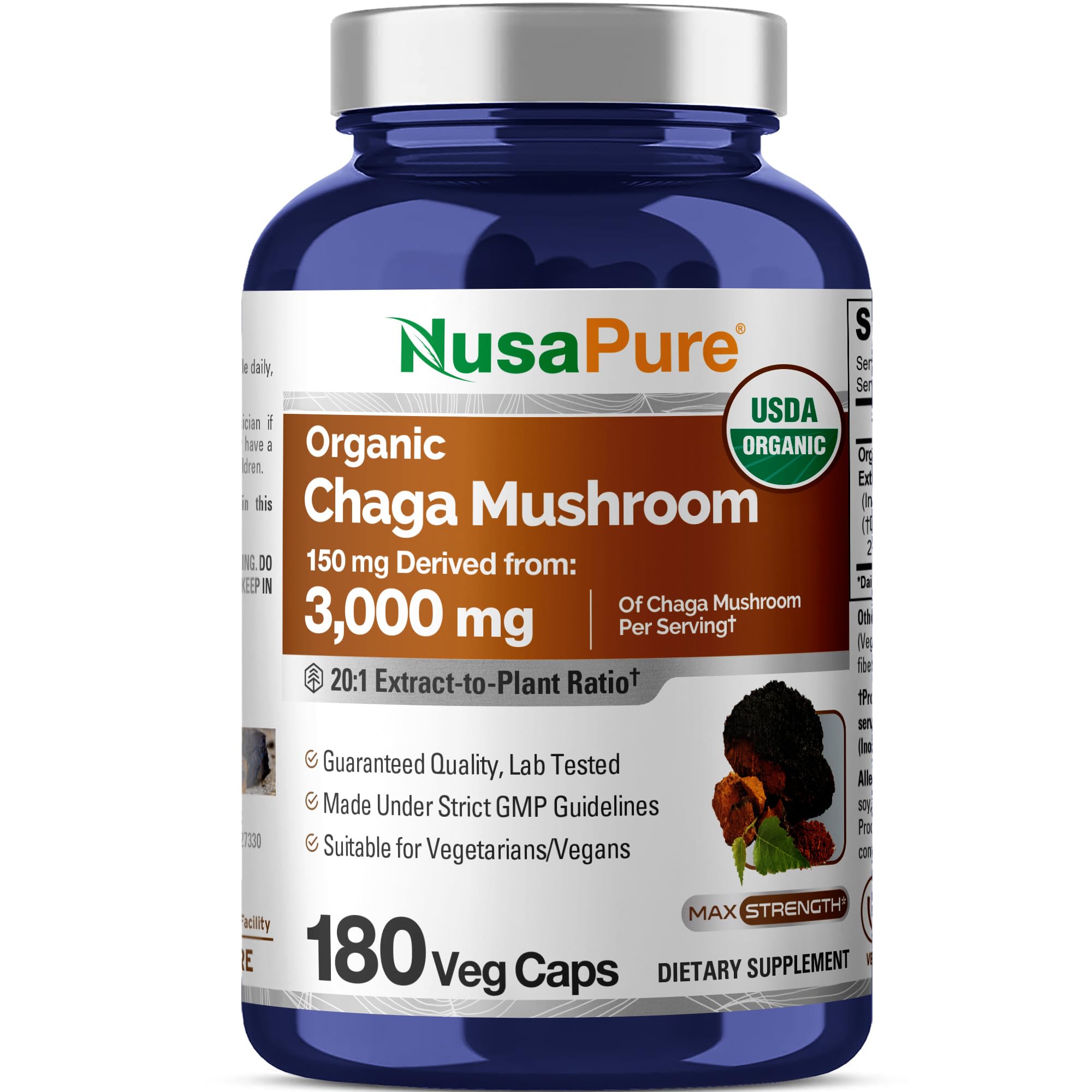 NusaPure Chaga Mushroom 20:1 Extract, 150 mg Equivalent to 3,000mg per Veggie Capsule, 180 Count, USDA Organic, Vegan, Non-GMO NusaPure uk supplements