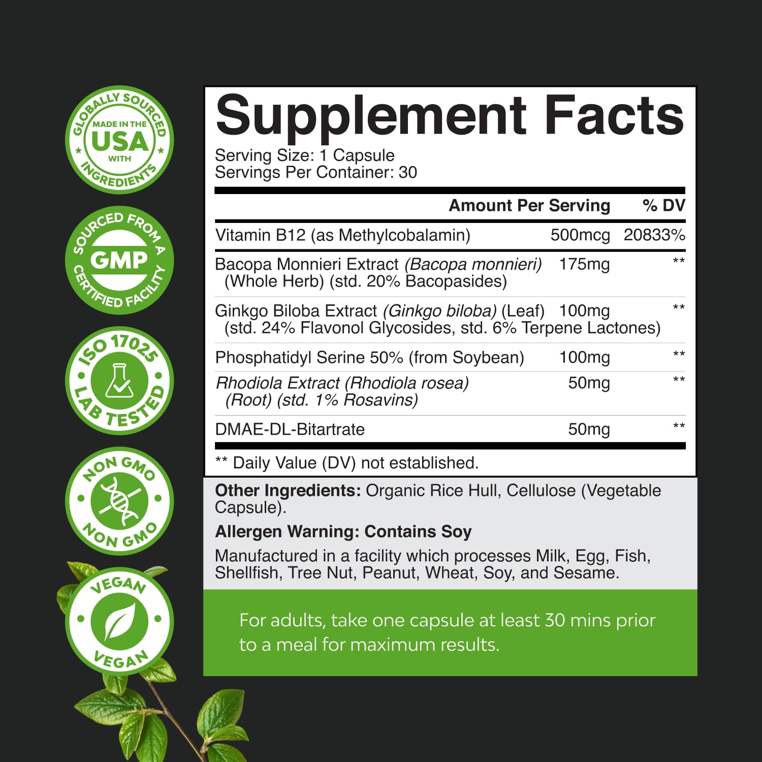 Nootropic Memory Supplement for Brain Support - Memory Pills for Brain Boost and Natural Energy Booster - Vitamin B 12 Bacopa Monnieri Rhodiola Rosea DMAE Ginkgo Biloba Phosphatidylserine Supplement Natures Craft uk supplements
