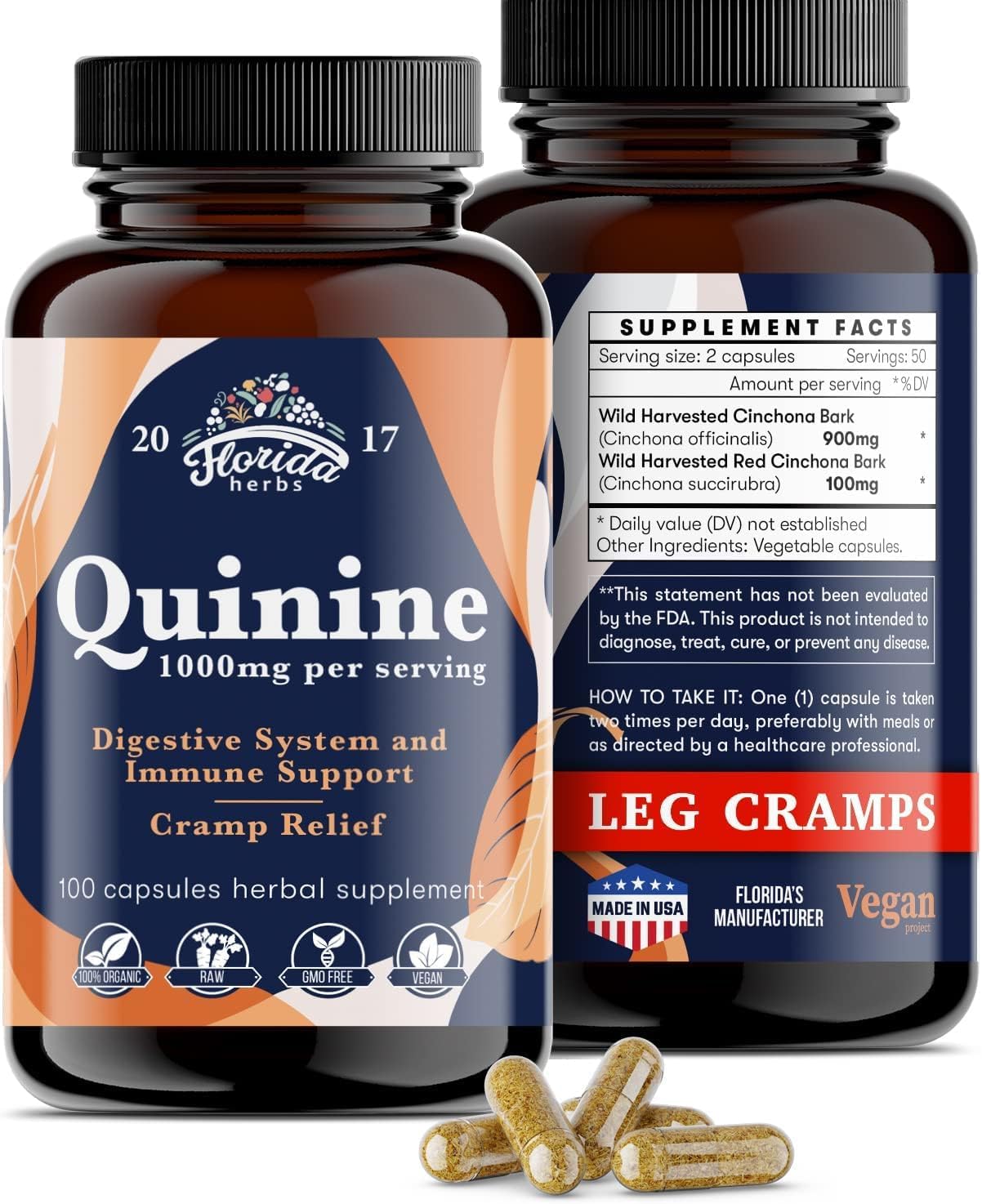 Leg Cramps Support Organic Pills - 1000 mg - Quinine Tablets for Cramp Defense FLORIDA HERBS uk supplements