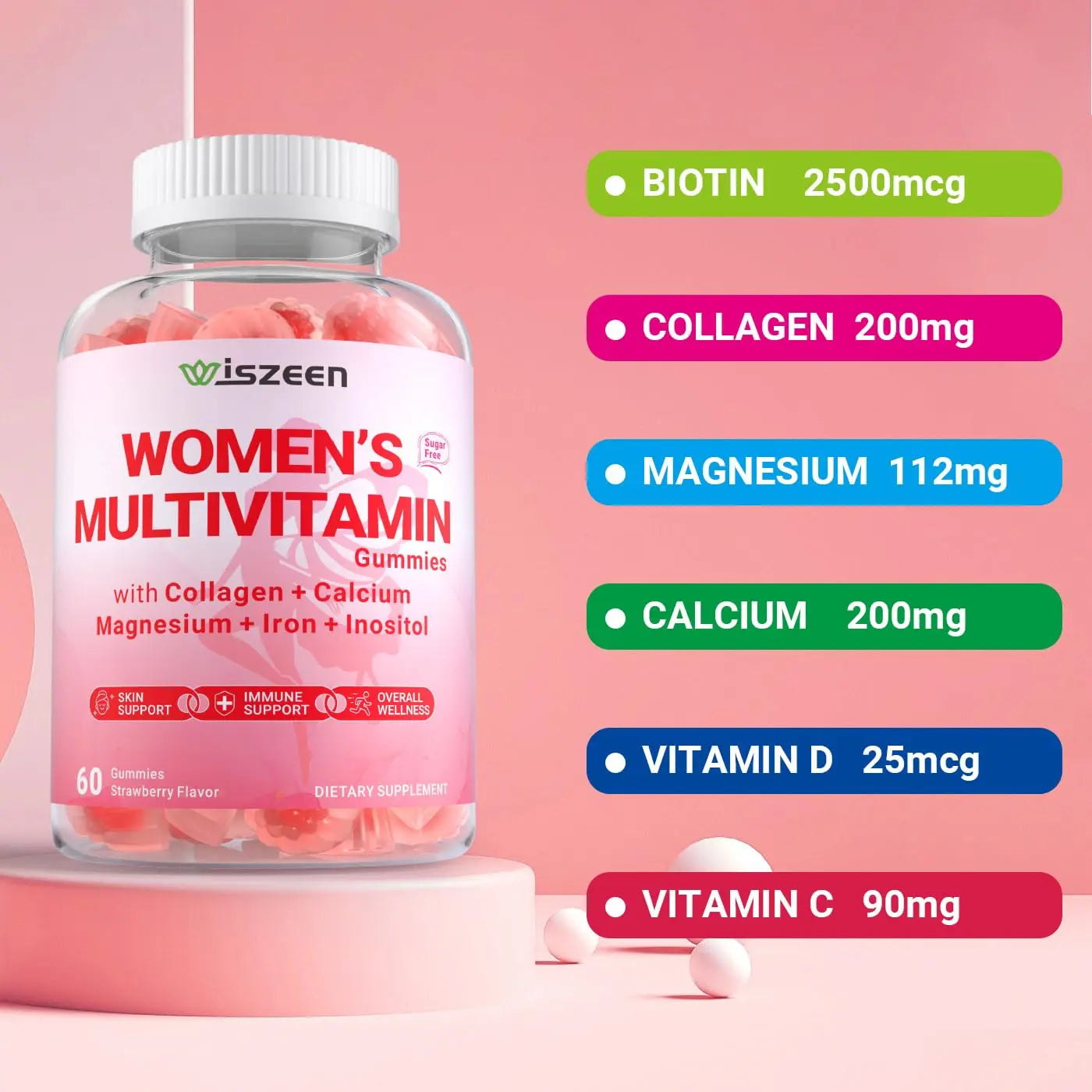 Wiszeen Sugar Free Methylated Multivitamin for Women Gummies, Biotin, Collagen, Calcium, Magnesium, Inositol, Folate, Iron, Vitamin A, C, D, E Wiszeen uk supplements