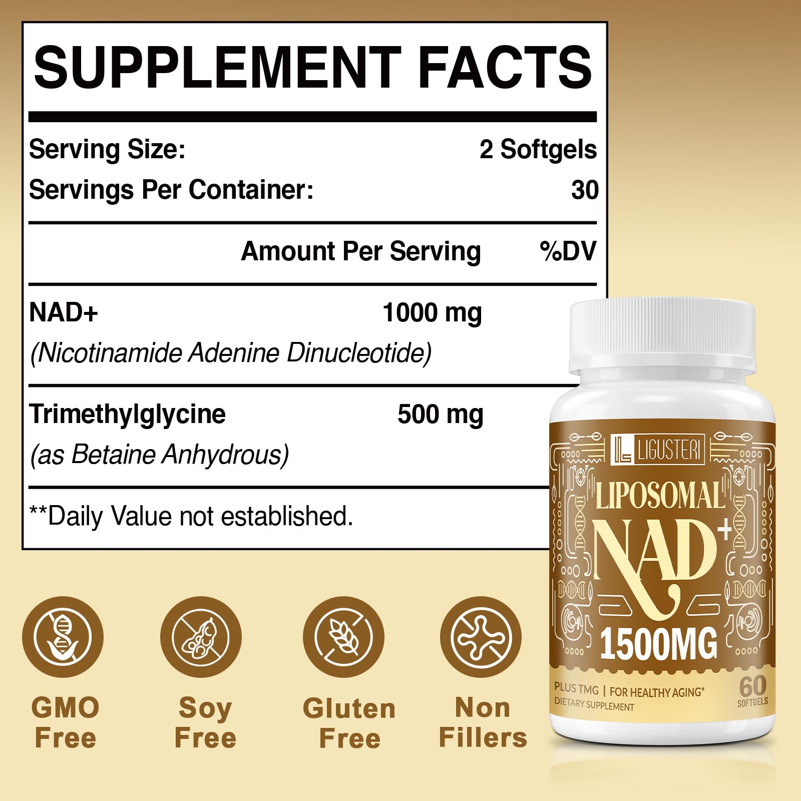 LIGUSTERI 1500 MG Liposomal NAD+, 98%+ Absorption, NAD+ Supplement for Women & Men with TMG, for Aging Defense, Cellular Energy, Heart & Brain Function, Longevity, 120 Softgels LIGUSTERI uk supplements