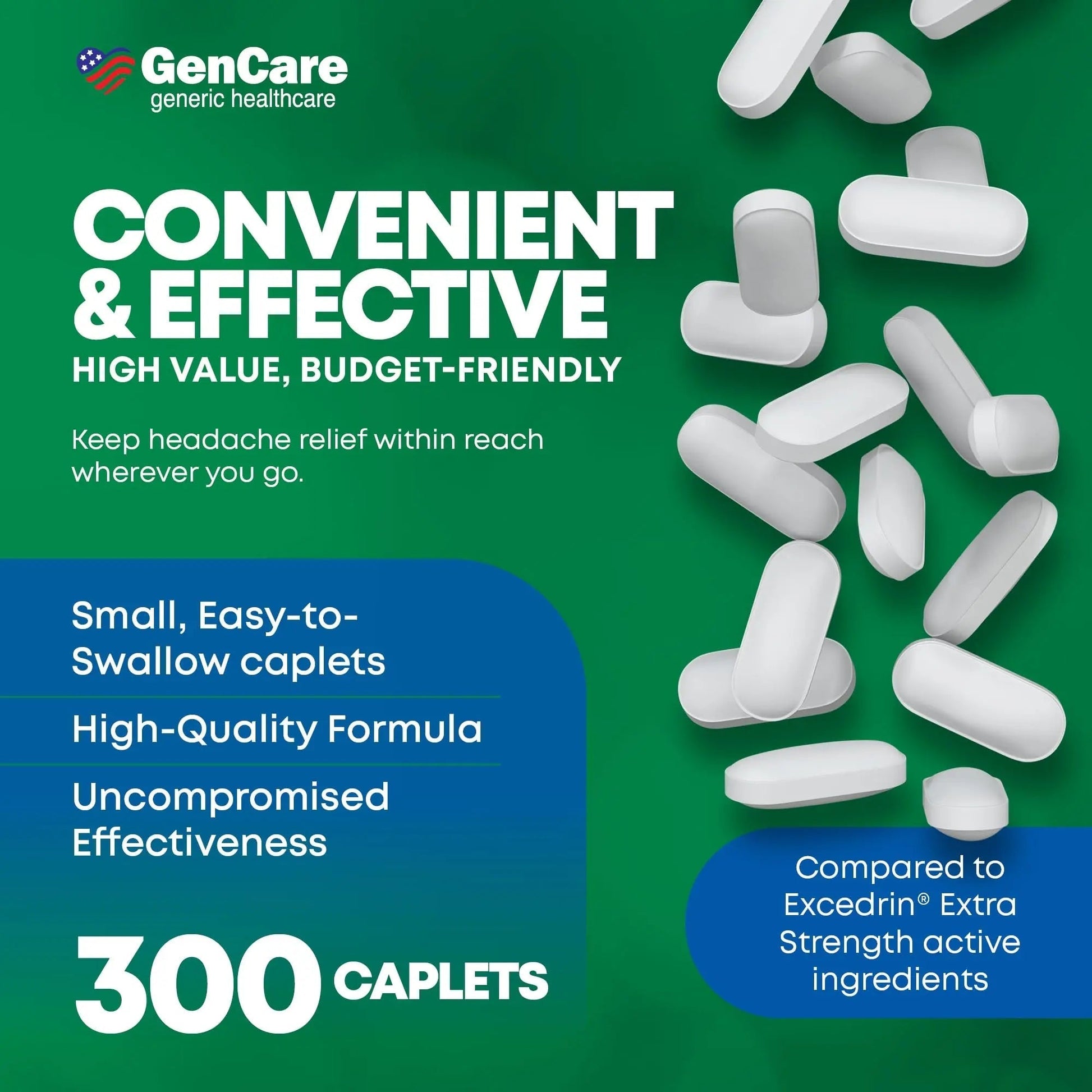 GenCare - Headache Relief Acetaminophen with Aspirin (NSAID) & Caffeine (300 Caplets) Value Pack | Head Pain, Muscle Aches, Back Pain & Body | Generic ExcedrEn Extra Strength GenCare uk supplements