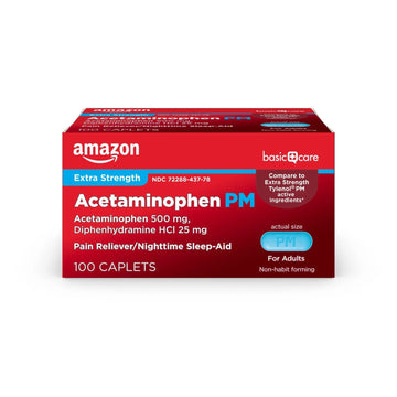 Amazon Basic Care Acetaminophen PM, Pain Reliever Plus Nighttime Sleep Aid, Blue, 100 Count Amazon Basic Care uk supplements