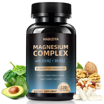Magnesium Complex Supplement 600mg with with D3 K2 MK7 & B Vitamins High Absorption Capsules with Glycinate, Citrate & Malate,Taurate Relaxation,Muscle,Heart Support, Vegan 120 Capsules HABIZIYA uk supplements