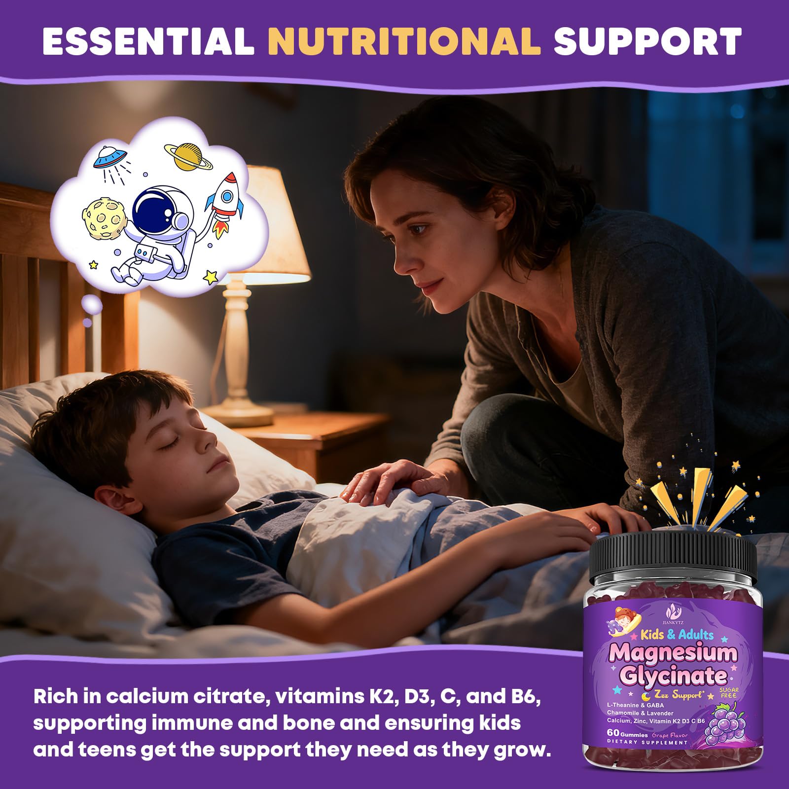 Sugar Free Magnesium Glycinate Gummies for Kids & Adults - Zzz Support, Relaxation & Cognition Support, 200/400mg Magnesium Gummies with L-Theanine, GABA, Calcium, B6, D3, C & K2, Grape Flavor, 60 Ct JIANKYTZ uk supplements