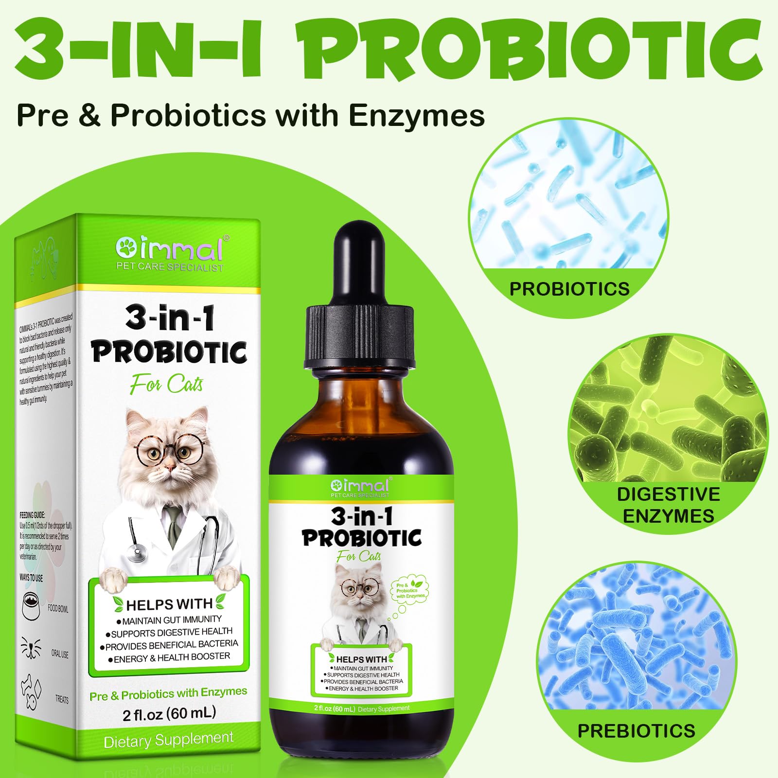 Liquid Cat Probiotic, Natural 3 in 1 Probiotic for Cats, Cat Digestive Support,Gut Health Support,Help with Diarrhea,Gas and Bloating, Cat Herbal Supplements- 60ml VOSIFSDIY uk supplements