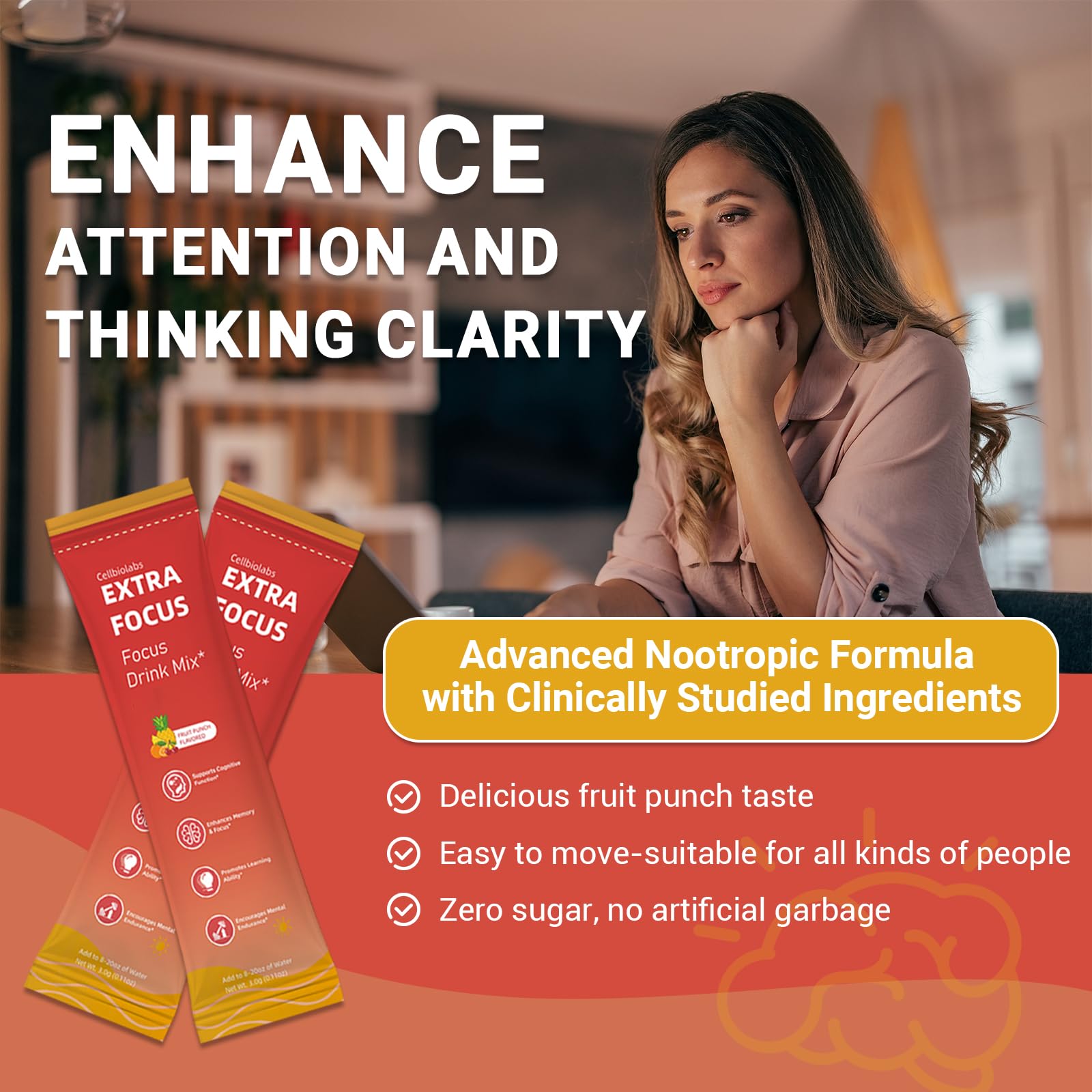 Nootropic Extra Focus Drink Mix, 30 Packs On-The-Go Sticks, Featuring Alpha-GPC, Lion's Mane & Rhodiola, Sugar-Free Packets Fruit Punch Clean Drink Mix Cellbiolabs uk supplements