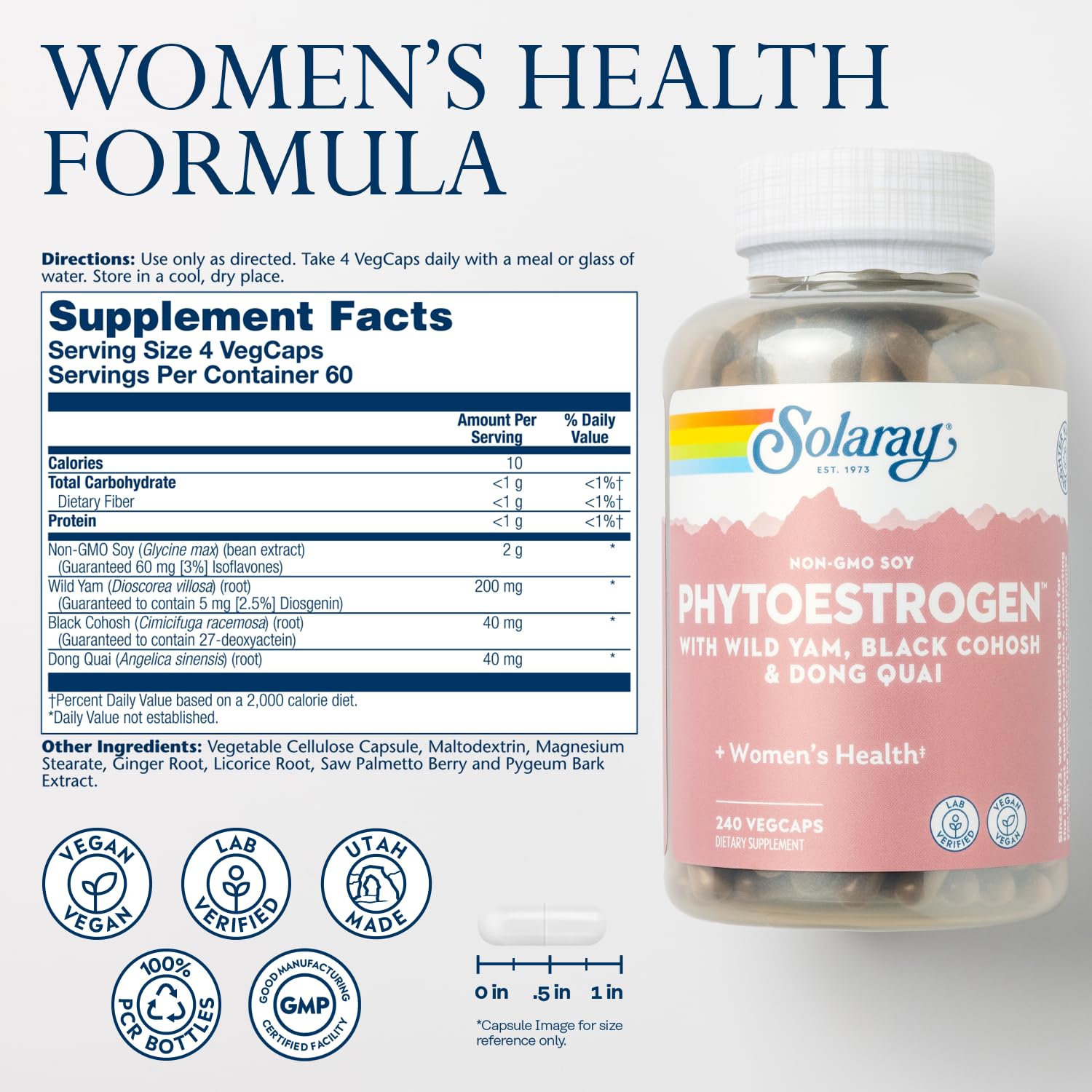 SOLARAY PhytoEstrogen Menopause Supplements with Wild Yam, Black Cohosh and Dong Quai - Phyto Estrogen Pills for Perimenopause and Menopause Support, Vegan, 60-Day Guarantee, 60 Servings, 240 VegCaps SOLARAY uk supplements