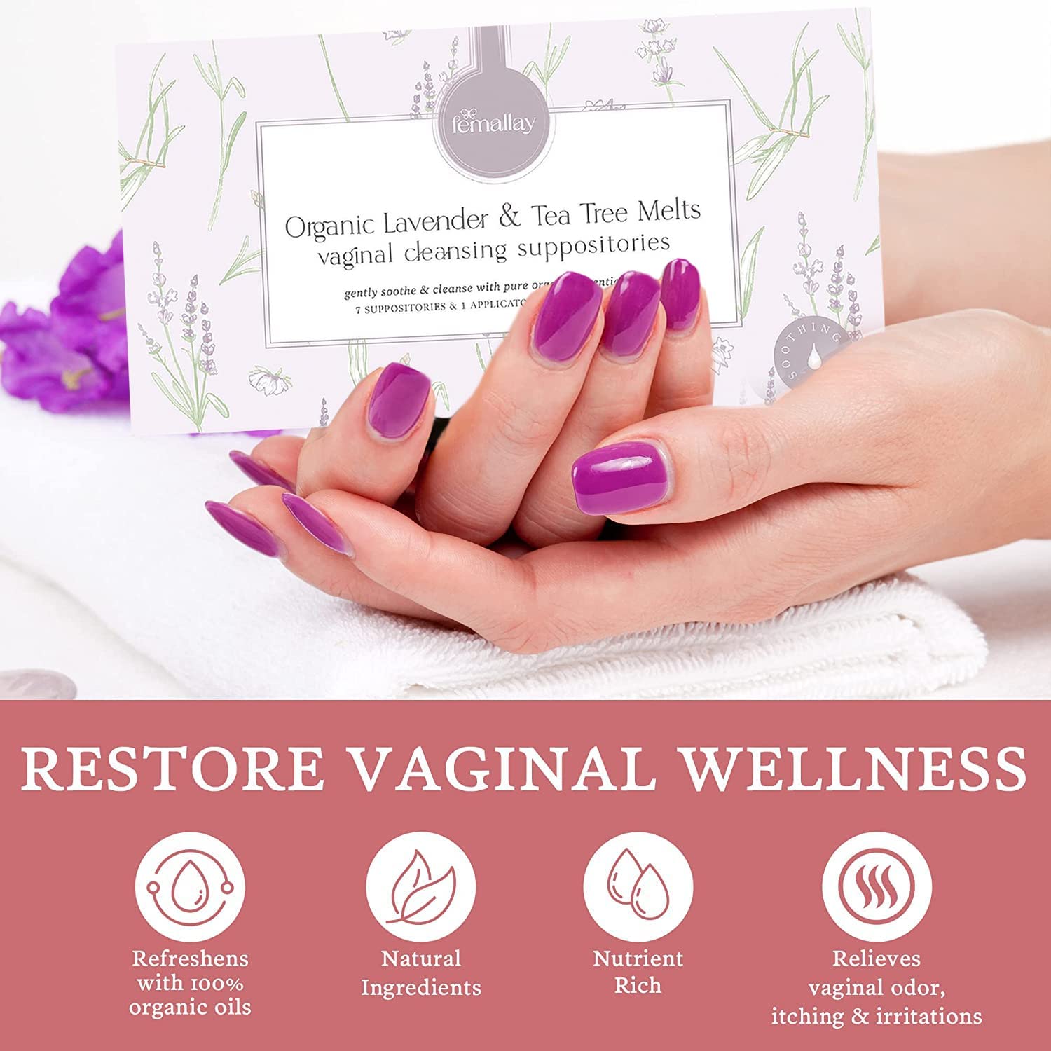 Femallay Lavender and Tea Tree Oil Vaginal Cleansing Suppositories for Hygiene, 100% Natural Melts Femallay uk supplements