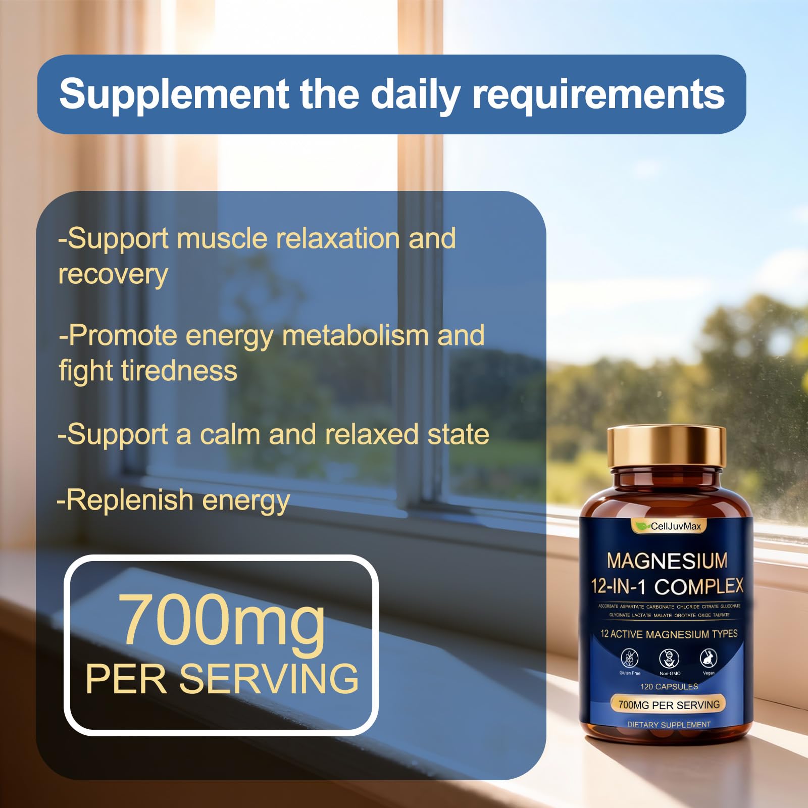 Magnesium 12-in-1 Complex 700mg, with Glycinate & Citrate, Vegan Supplement for Daily Wellness, 120 Capsules (1) WOJJ uk supplements