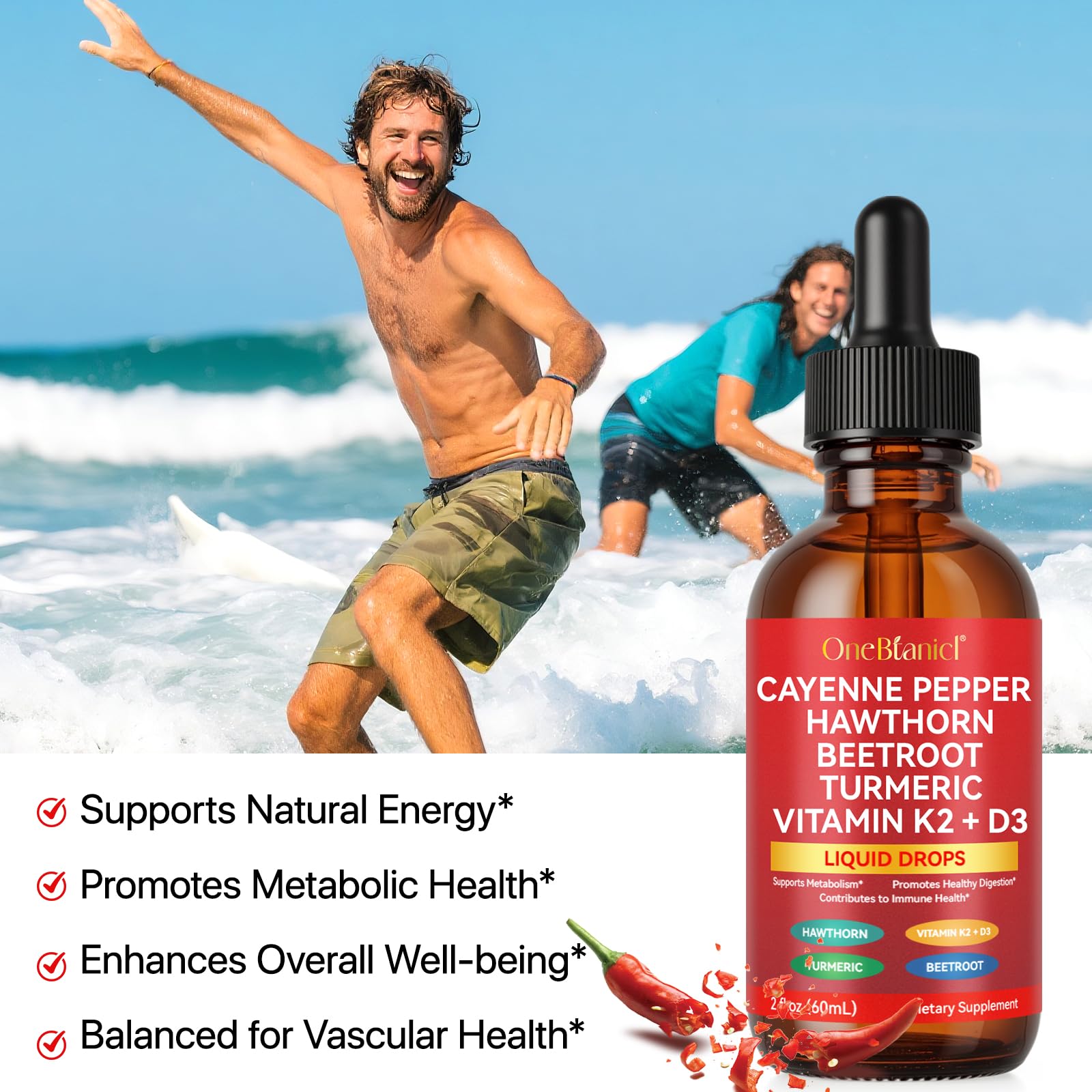 Cayenne Pepper Drops Supplement Liquid, Blend of Hawthorn Berry, Beetroot, Turmeric, VIT K2+D3, Daily Health Boost (2oz) REVIGLAM uk supplements