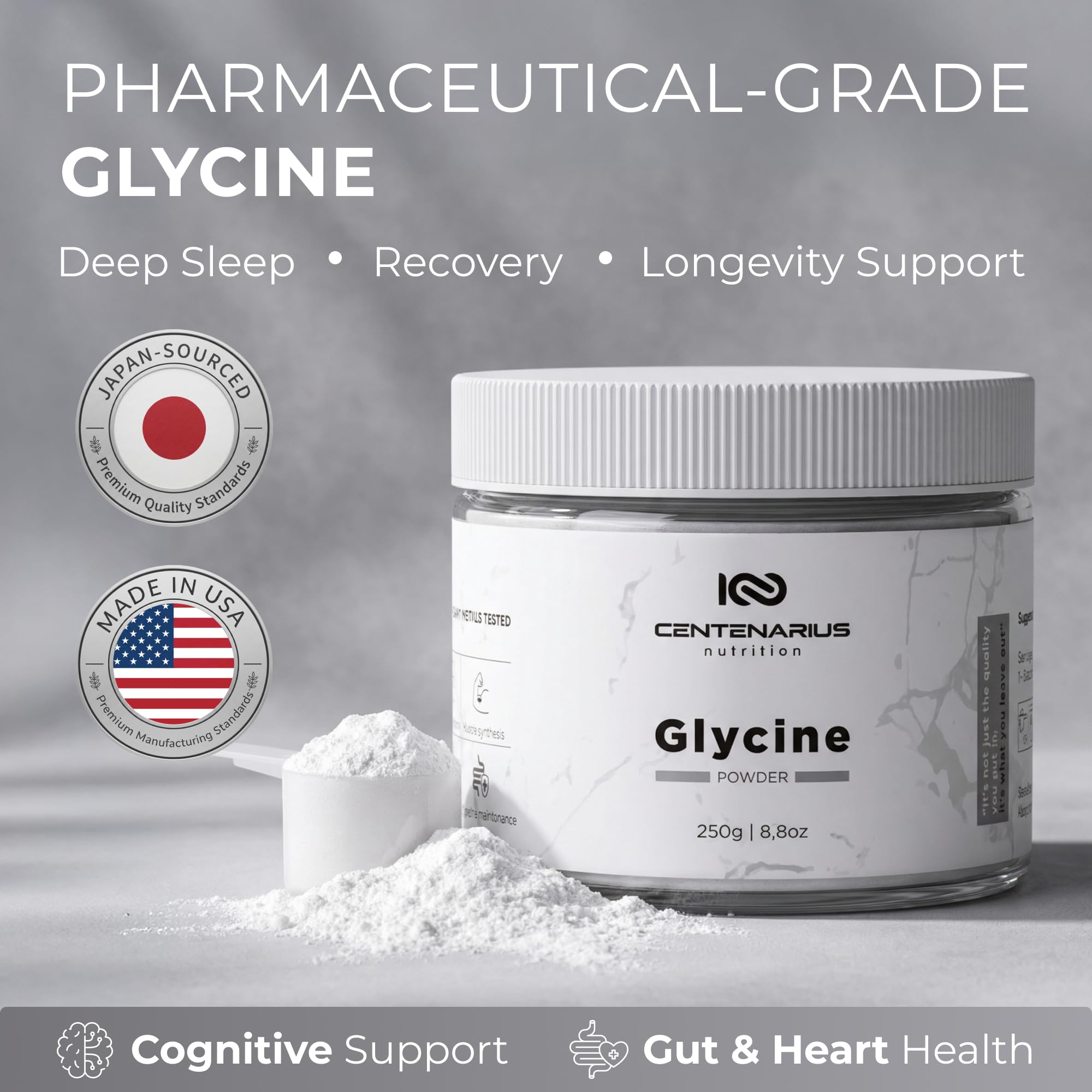 Premium Glycine Powder 250g | Amino Acids Supplement for Post Workout Muscle Recovery, Digestion, Sleep Aid + More - Vegan, Additive-Free Centenarius Nutrition uk supplements