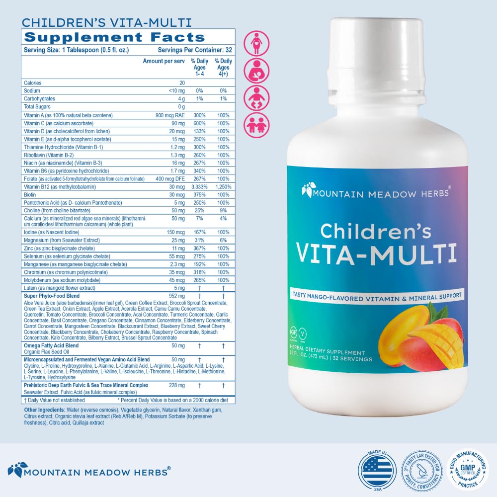 Mountain Meadow Herbs Children's Vita-Multi: Blended Vitamin & Mineral Supplement - Fast Absorbing Liquid Kids Vitamins with Fruits, Greens, and Eye-Protecting Lutein (16 oz.) Mountain Meadow Herbs uk supplements
