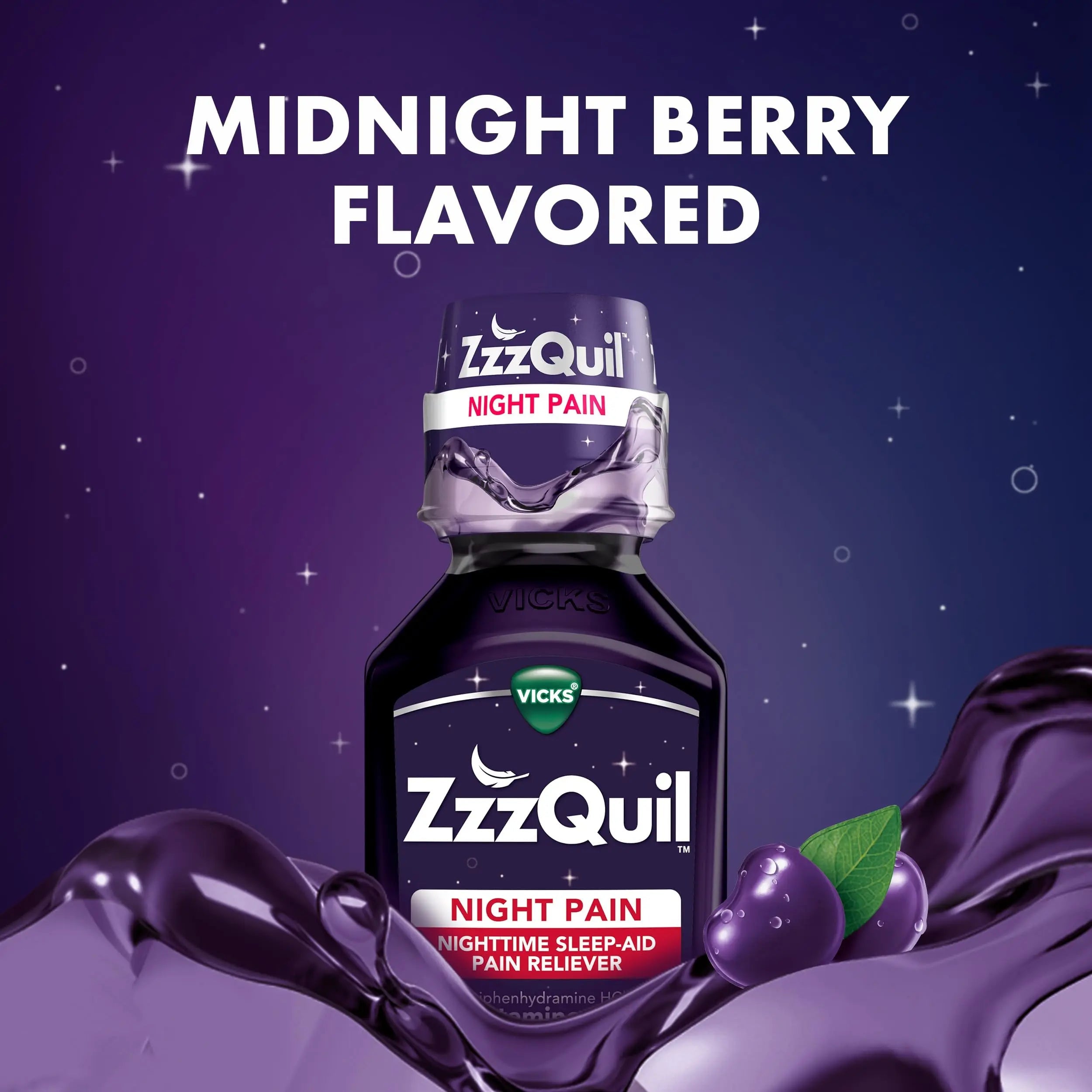 ZzzQuil Liquid, Max Strength Pain Reliever, Nighttime Sleep Aid Liquid, Acetaminophen 1000mg, Diphenhydramine 50mg HCI, Non-Habit Forming, Midnight Berry Flavored, 2 Pack, 24 FL OZ ZzzQuil uk supplements