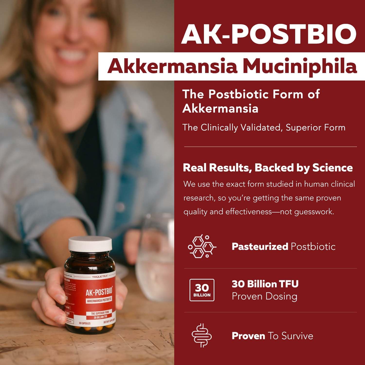 AK-Postbio: Akkermansia Probiotic 30 Billion TFU - Max Strength, Clinically Validated Dose & Patented Strain - Superior Pasteurized Form, Highest Absorption, Delivery - GLP-1 Probiotic - 30 Servings Triquetra Health uk supplements
