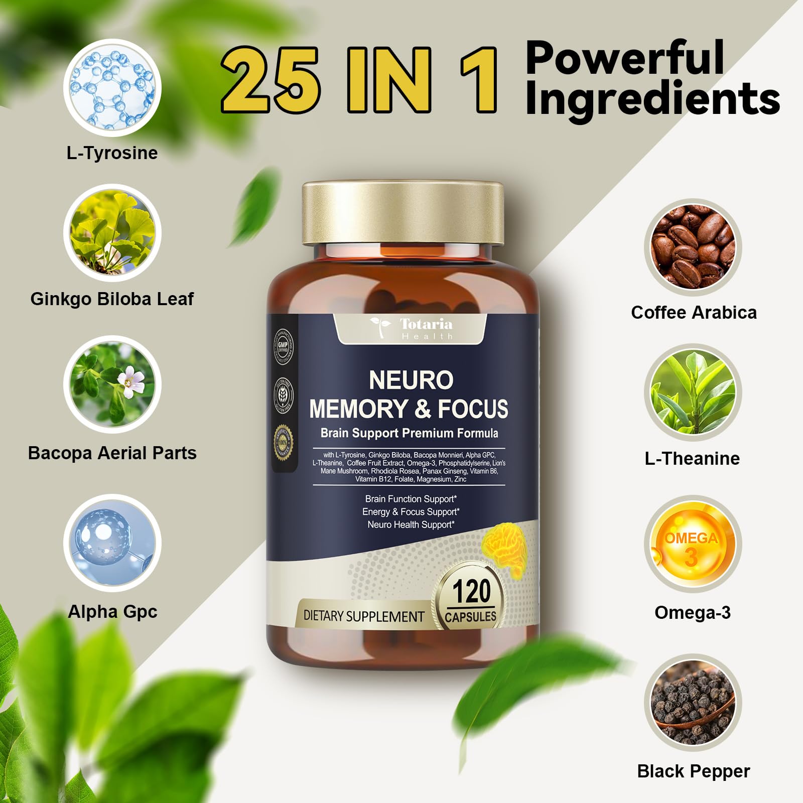 25 in 1 Brain Supplements for Memory and Focus & Neuro Health - Daily Brain Nootropic Cognitive Supplement with L-Tyrosine, Bacopa Monnieri, Ginkgo Biloba, Alpha GPC - Non-GMO, Gluten Free Totaria uk supplements
