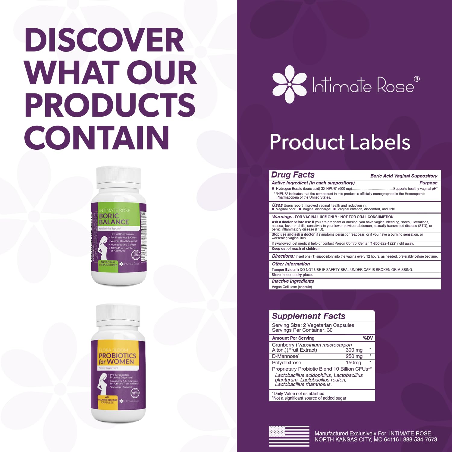 Intimate Rose Combo Pack! Flora Bloom Probiotics for Women (One Bottle) and Boric Balance Boric Acid Intimate Rose uk supplements