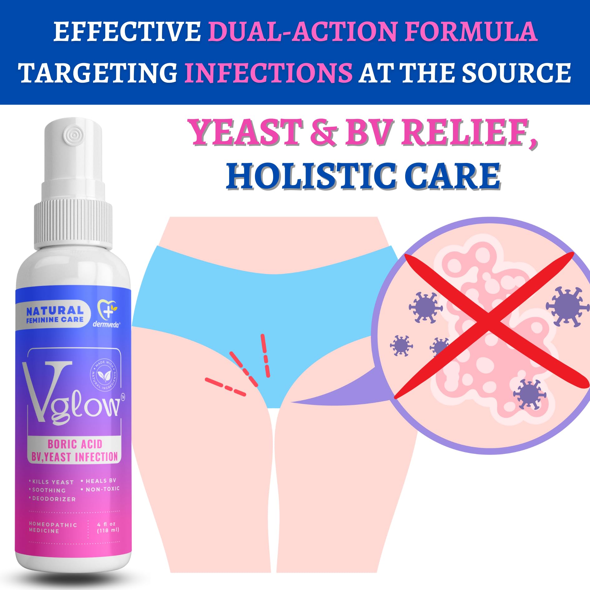 Dermveda Boric Acid BV Relief for Women - Natural Yeast Infection, Odor, Itch Relief Solution - Treats Yeast Infection Symptoms with Effective Boric Acid Formula. Dermveda uk supplements
