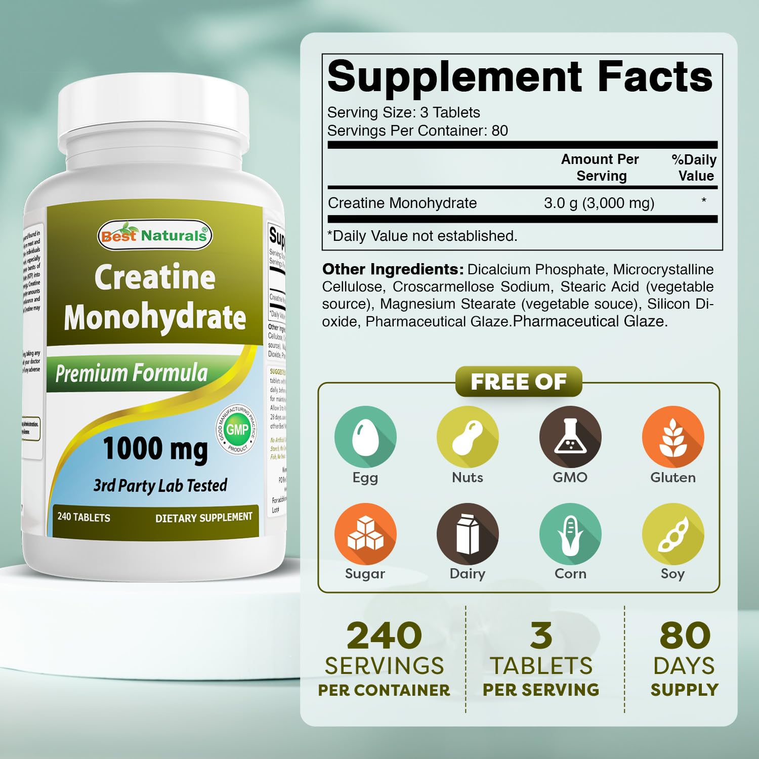 Best Naturals Creatine Monohydrate 1000 mg 240 Tablets Best Naturals uk supplements