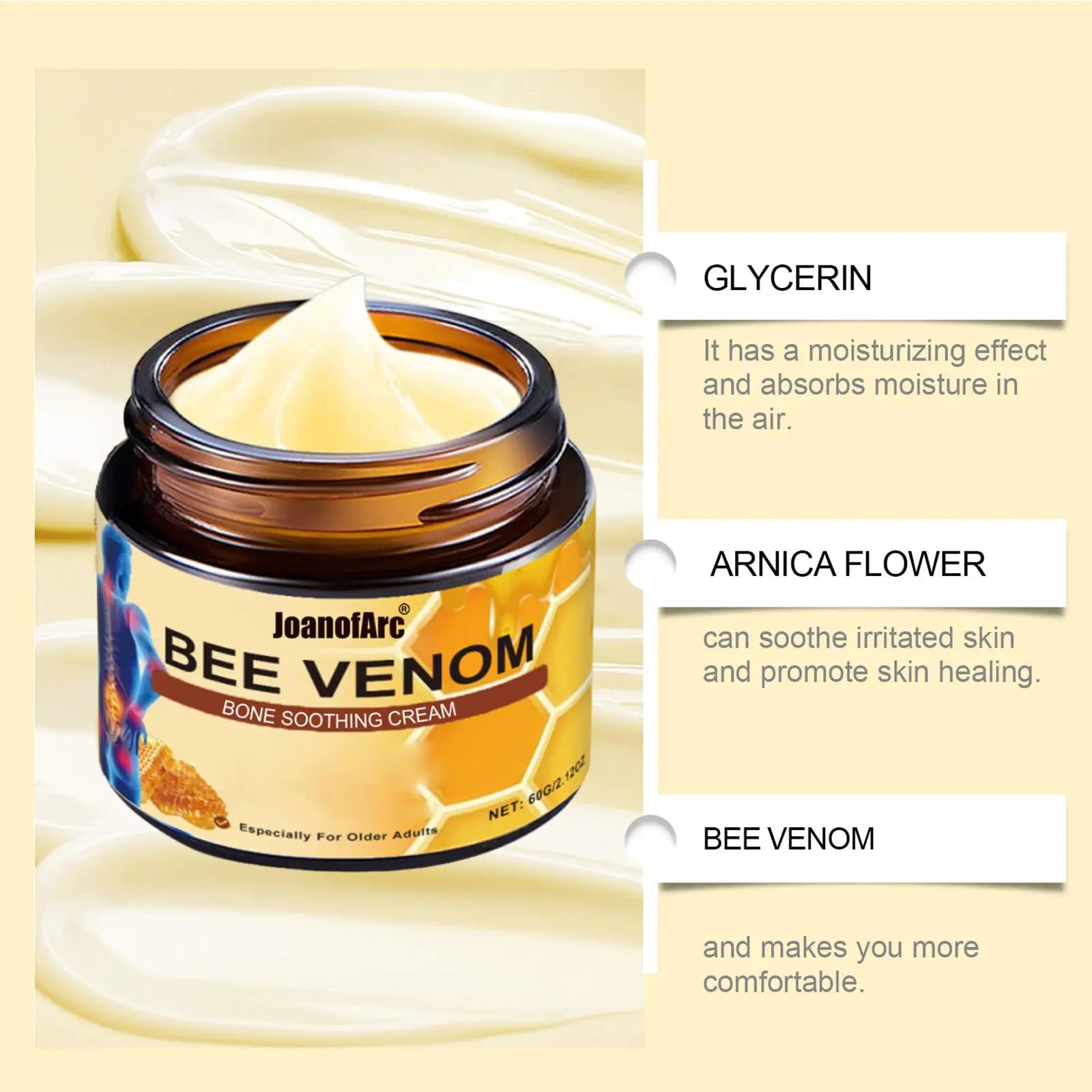 Bee Venom Joint Cream, Natural Bee Venom Skin Cream, Bee Venom Advanced Joint & Bone Cream, Suitable for Everyday Back, Waist, Neck, Hands, Knees, Light Non-Sticky for Men Women Aldult - 2.11 Oz/60g JoanofArc uk supplements