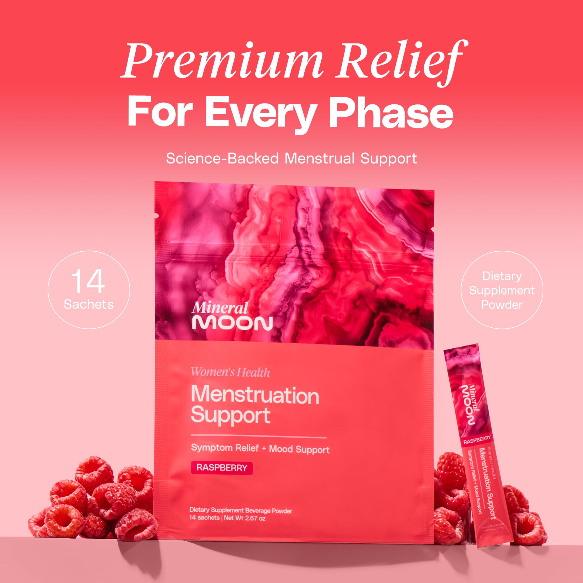 Mineral Moon Premium Menstruation Support - 14 Sachets Raspberry Drink - Hormonal Balance & PMS Support - Reduce Period Cramps, Fatigue & Nausea -with Magnesium Bisglycinate, BenfoPure B1 & Vitamin B6 Mineral Moon uk supplements