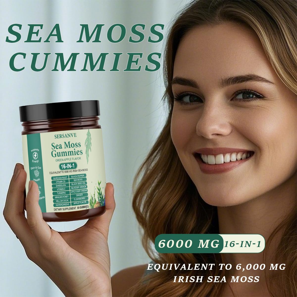 Sea Moss Gummies 16-in-1, with Black Seed Oil, Ashwagandha & Elderberry | Organic Irish Sea Moss Supplement for Men & Women | Daily Support with Manuka, Burdock Root & Vitamins C & D3, 30 Gummies SERSANVE uk supplements