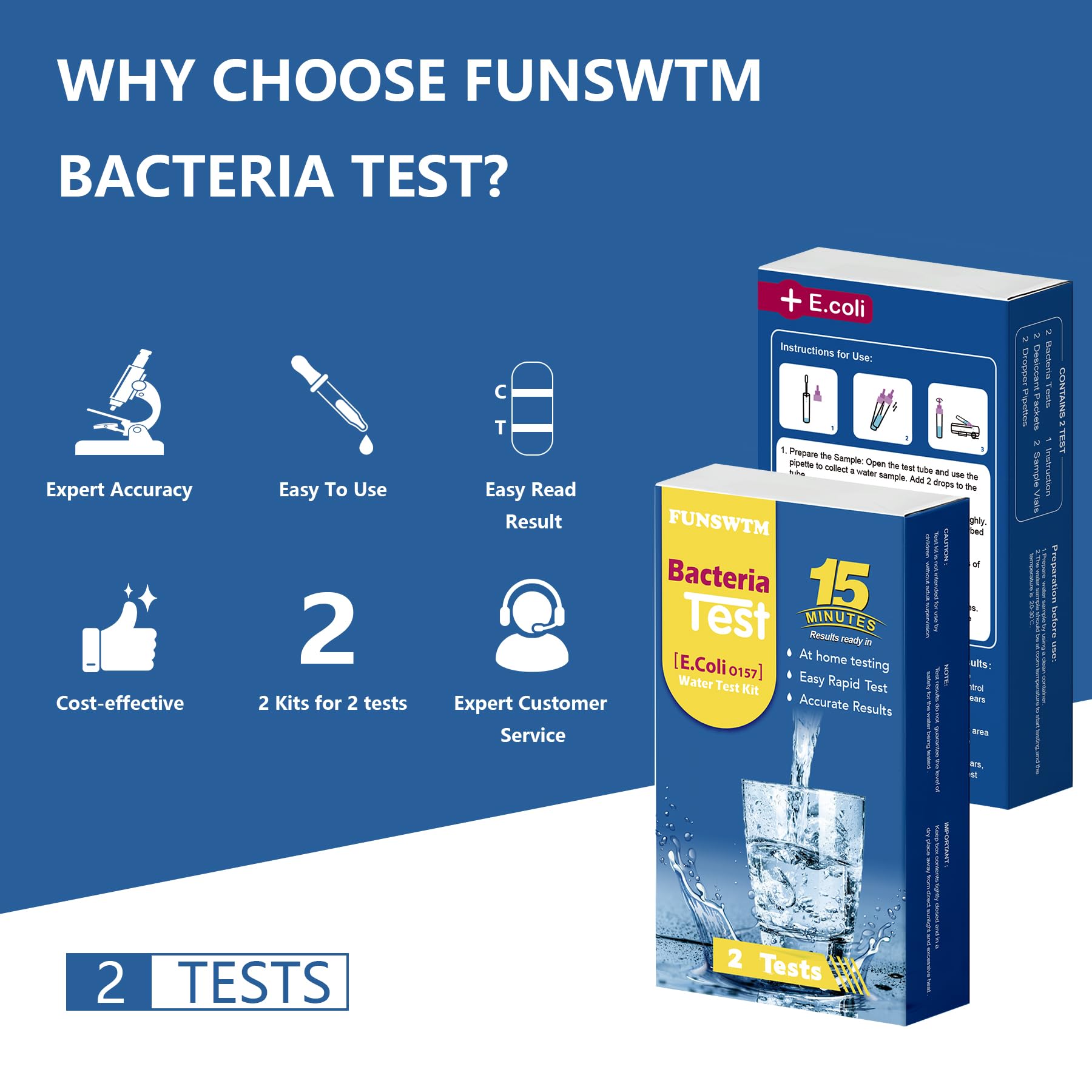 Bacteria Water Test Kit - Results as Fast as 15 MINS -Detects Coliform (Inc. E. coli) & Non-Coliform Bacteria in Drinking, Well Tap & Pool Water – 2 Pack FUNSWTM uk supplements