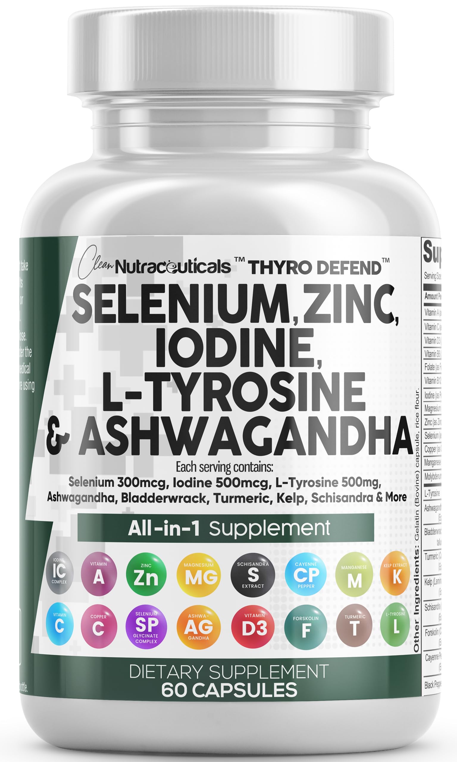 Clean Nutra Selenium 300mcg Iodine 500mcg Thyroid Support for Women & Men | L Tyrosine 500mg Ashwagandha Supplement Bladderwrack, Turmeric, Kelp, Schisandra Zinc Pills Capsule Supplements Clean Nutraceuticals uk supplements