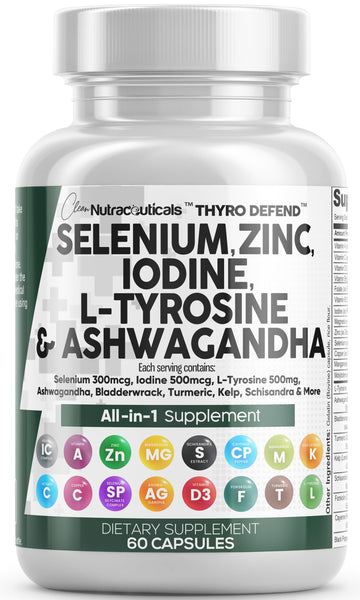 Clean Nutra Selenium 300mcg Iodine 500mcg Thyroid Support for Women & Men | L Tyrosine 500mg Ashwagandha Supplement Bladderwrack, Turmeric, Kelp, Schisandra Zinc Pills Capsule Supplements Clean Nutraceuticals uk supplements