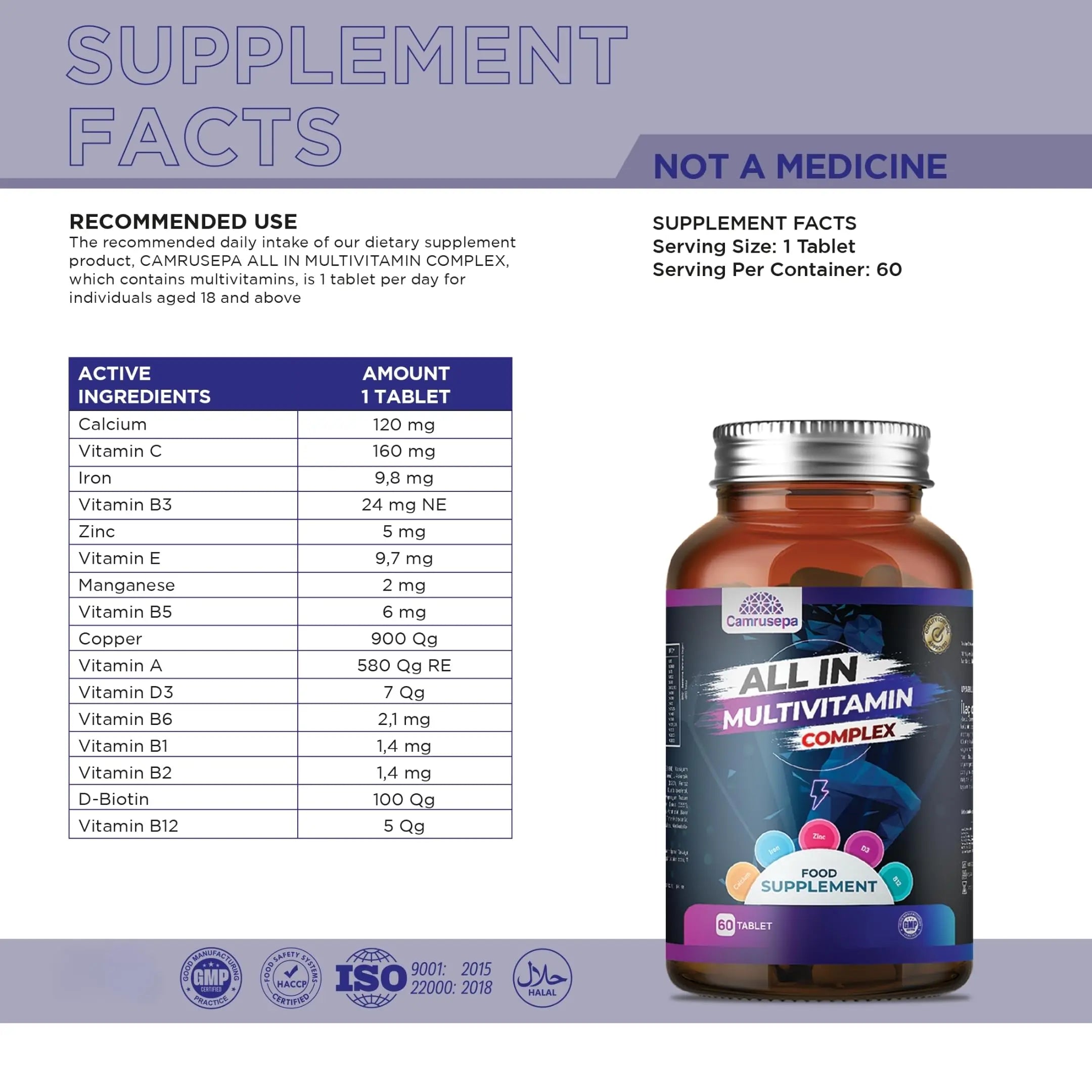 CAMRUSEPA All in Multivitamin Complex – Daily Tablet with Calcium, Iron, Zinc, Vitamin C, B Complex, D3, E, A & More – Complete Daily Nutritional Support for Adults Camrusepa uk supplements