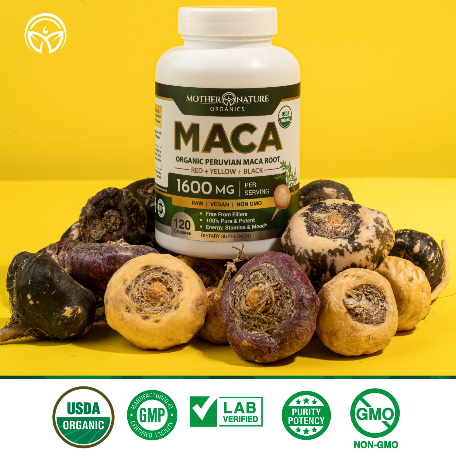 Mother Nature Organic Maca Root Capsules – 1600mg, 120 Vegan Capsules – Non GMO Peruvian Yellow, Red & Black Maca for Men & Women - Energy, Hormone, Brain & Weight Well-Being Mother Nature Organics Superfoods for Organic Living uk supplements