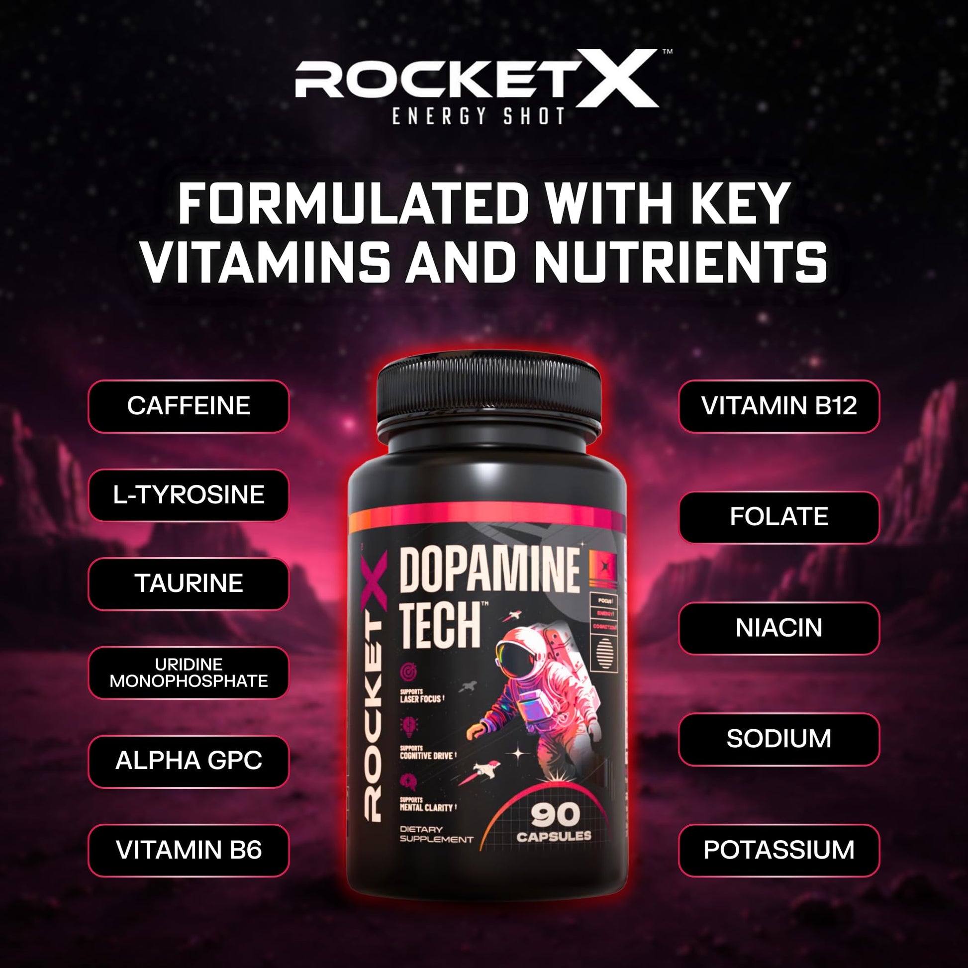 RocketX Dopamine Tech Brain Food Supplement, with L-Tyrosine and B Vitamins for Focus, Mental Clarity and Cognitive Drive, Vegan Capsules, 90 Capsules RocketX Energy uk supplements