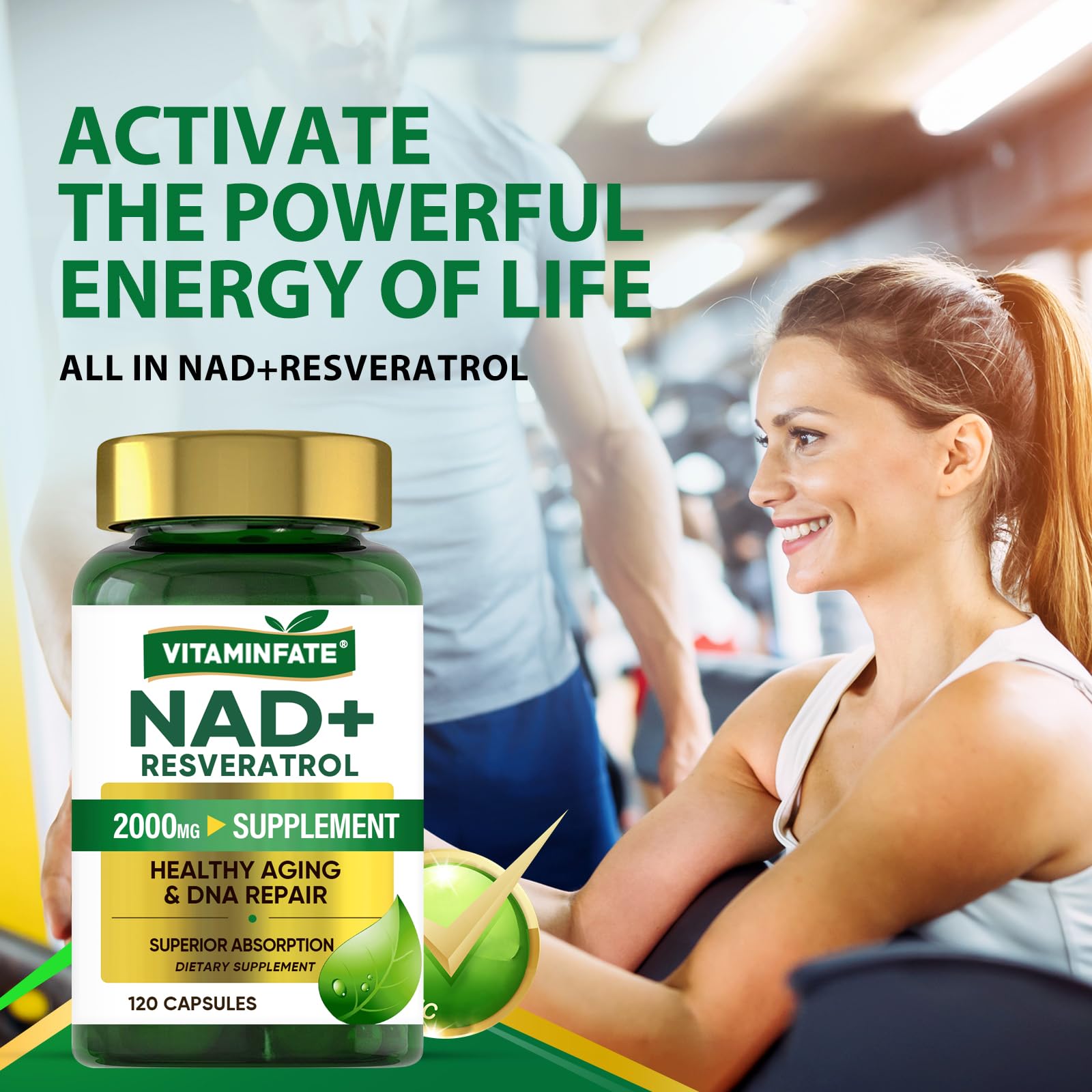 VITAMINFATE NAD+ Supplement 2000 mg - 120 Capsules True NAD+ & Resveratrol, NMN Alternative Supports Anti-Aging, Cellular Energy & Repair, Metabolism & Brain Boost for Men & Women VITAMINFATE uk supplements