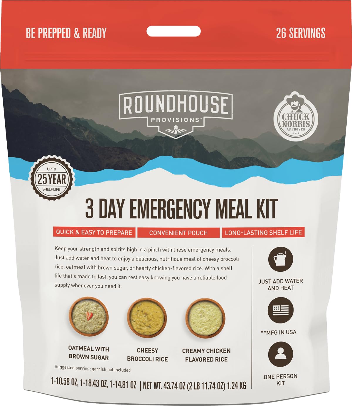 by Chuck Norris Roundhouse Provisions 3 Day, 26 servings Emergency Meal Kit, Grab-and-Go, Premade, Disaster Prep, Hiking, Survival, Adventure, Camping Food, 25 Year Shelf Life. ROUNDHOUSE PROVISION uk supplements