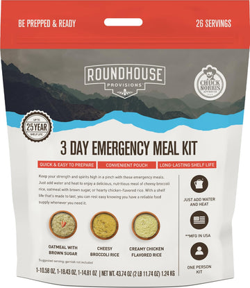 by Chuck Norris Roundhouse Provisions 3 Day, 26 servings Emergency Meal Kit, Grab-and-Go, Premade, Disaster Prep, Hiking, Survival, Adventure, Camping Food, 25 Year Shelf Life. ROUNDHOUSE PROVISION uk supplements