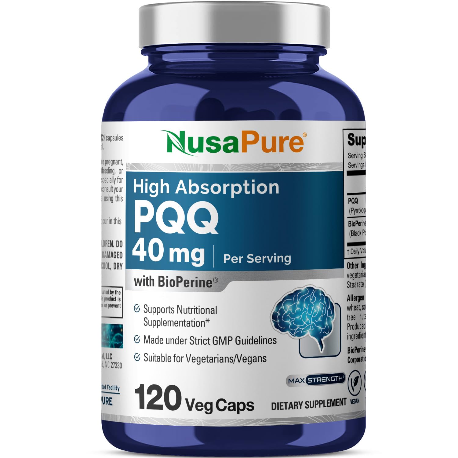 NusaPure PQQ Supplement 40 mg, 120 Veggie Capsules, Non-GMO, Pyrroloquinoline Quinone Disodium Salt, Bioperine & Vegan NusaPure uk supplements