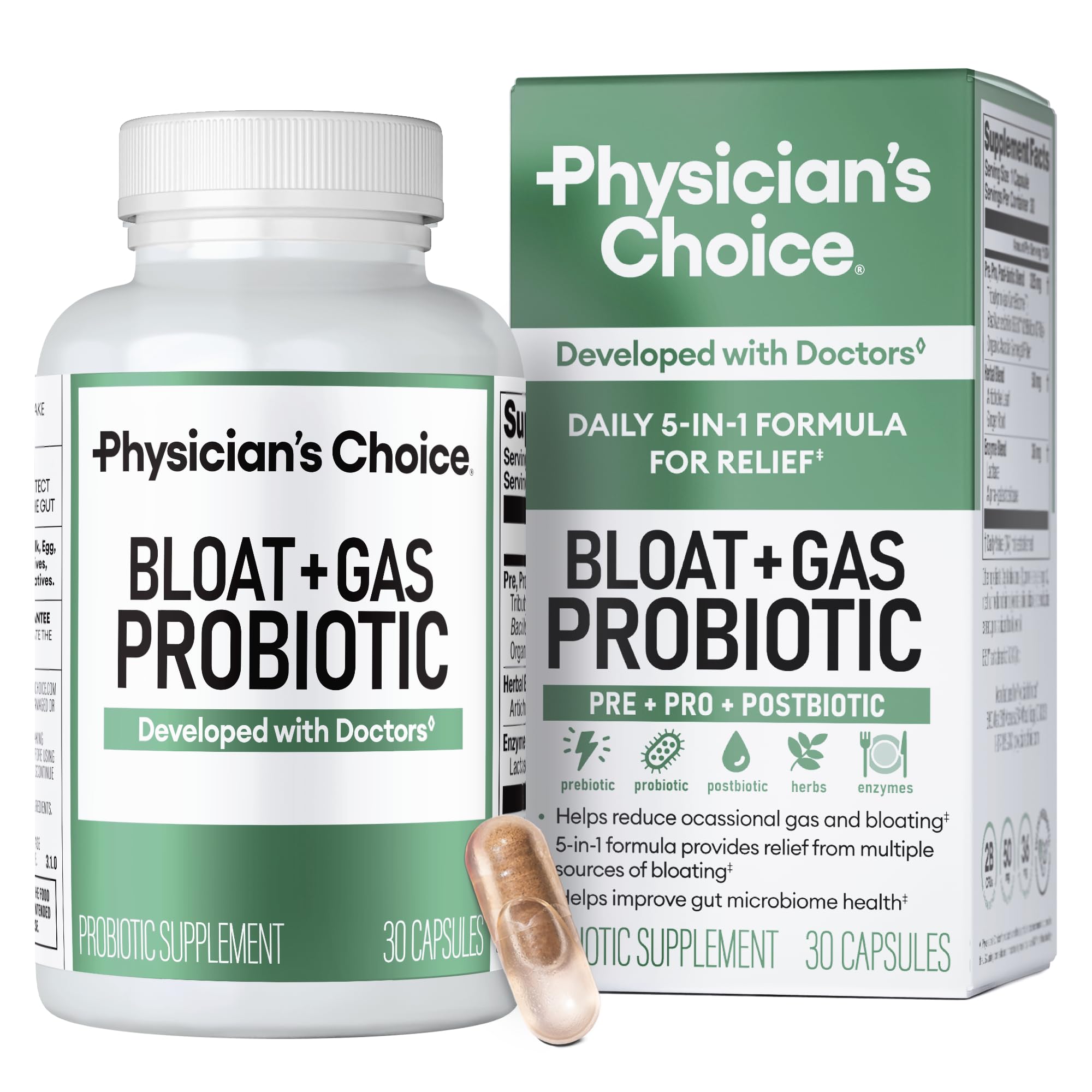 Physician's CHOICE Bloat & Gas Probiotic 5-in-1 Proactive Support + Daily Relief - Digestion & Gut Health- Herbals, Digestive Enzymes, Post & Prebiotics - Gas Relief for Adults - Women & Men - 30ct Physician's CHOICE uk supplements